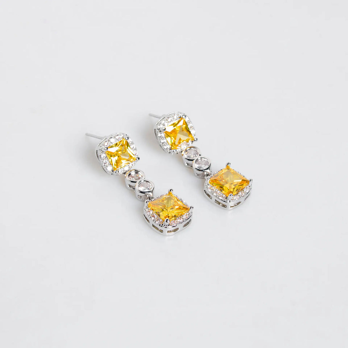 Parure Collier et Boucles d'Oreilles de Luxe en Cristal Carré Jaune pour Tenue de Soirée