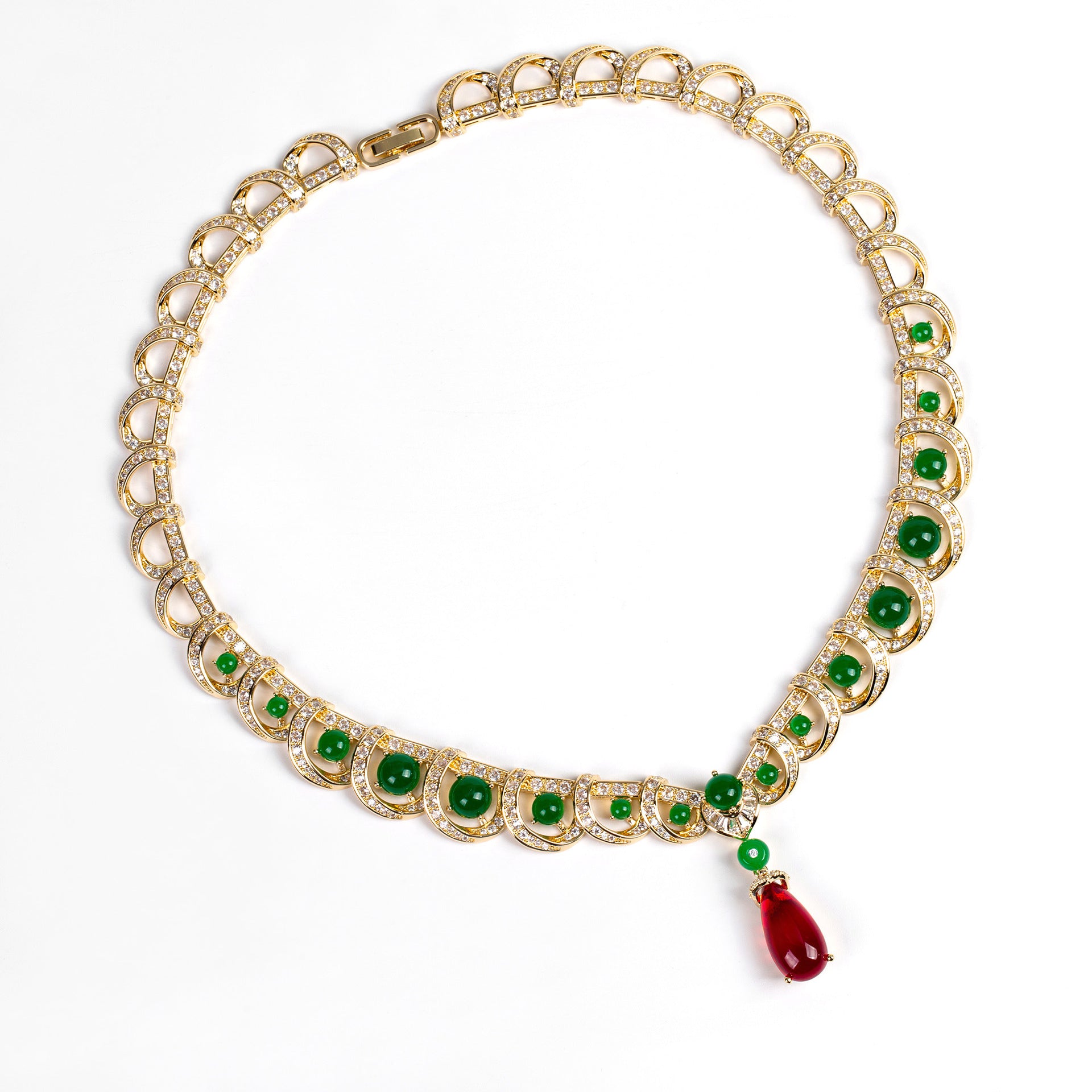 Luxury Emerald Green Ruby Red Jewelry Set – Necklace Earrings Statement Set