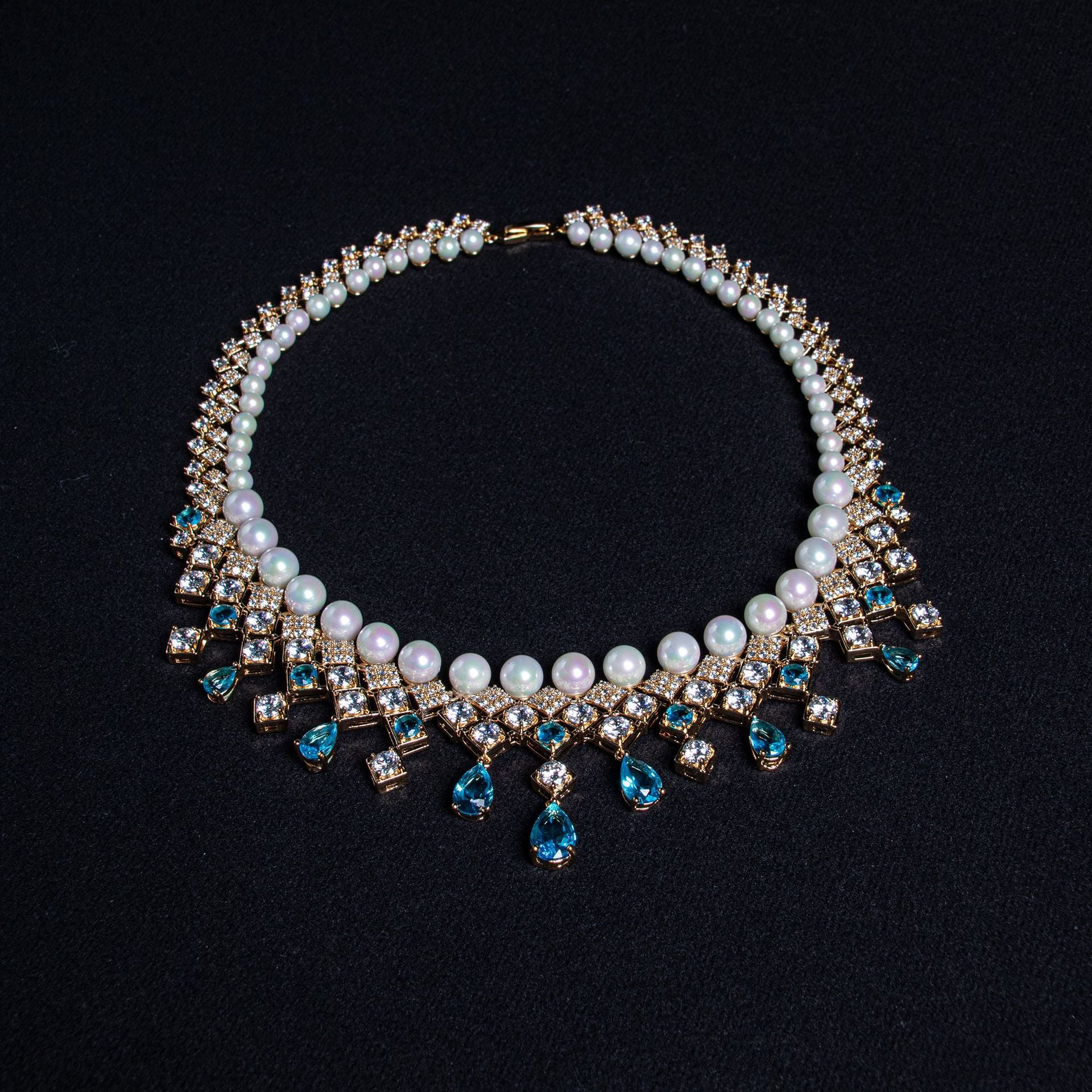 Luxury Pearl Blue Crystal Necklace and Earrings Jewelry Set for Women