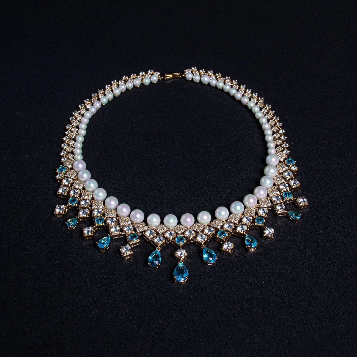 Parure de bijoux de luxe en perles et cristaux bleus pour femme