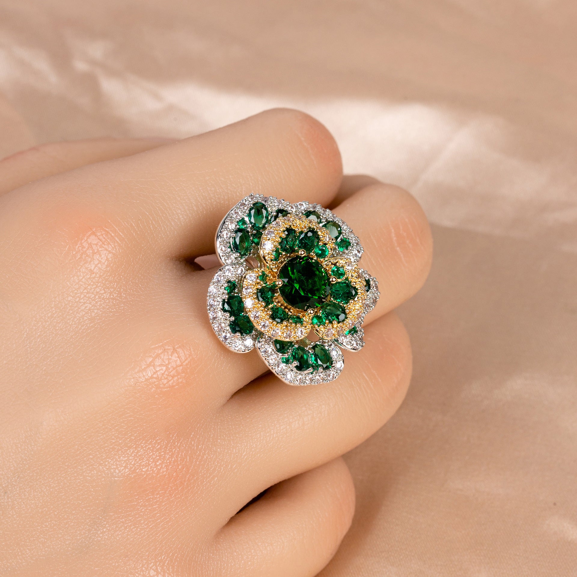Luxury Red Orange Crystal Flower Ring for Women