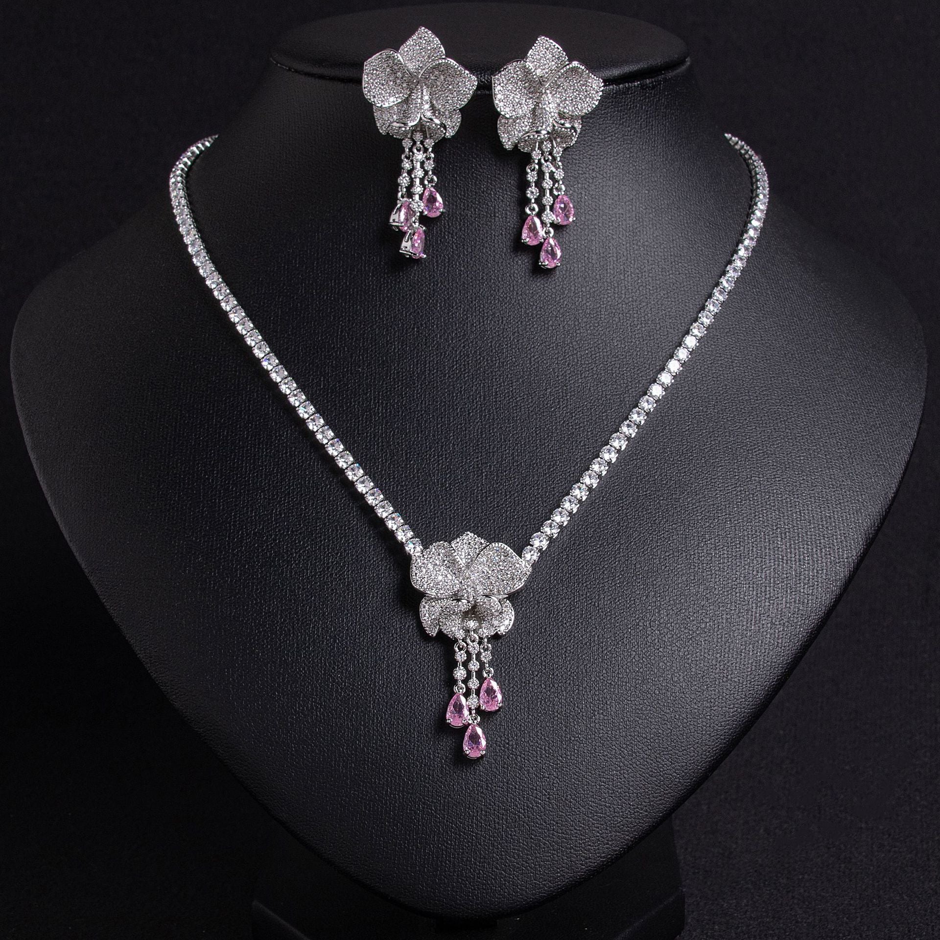 Luxury Silver Flower Ruby Drop Necklace Earrings Set – Elegant Jewelry for Women