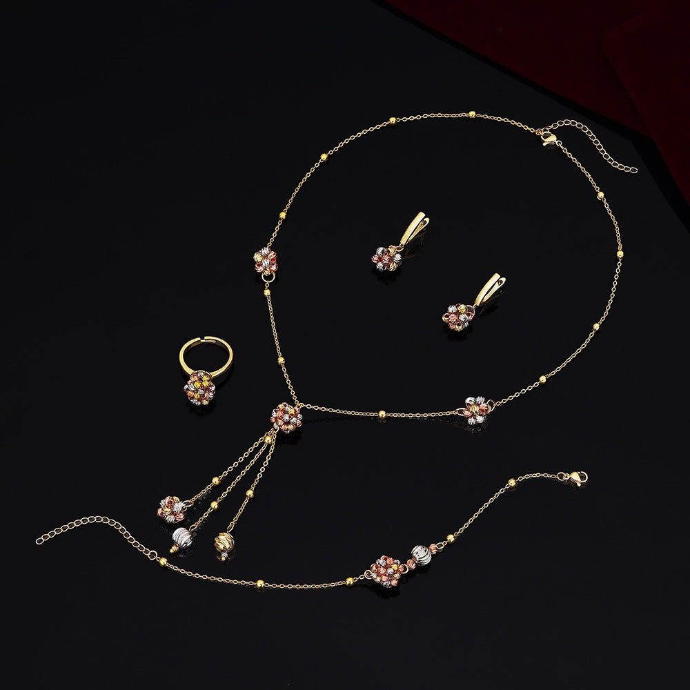 Luxury Gold Floral Tassel Jewelry Set – Necklace Earrings Bracelet Ring for Women