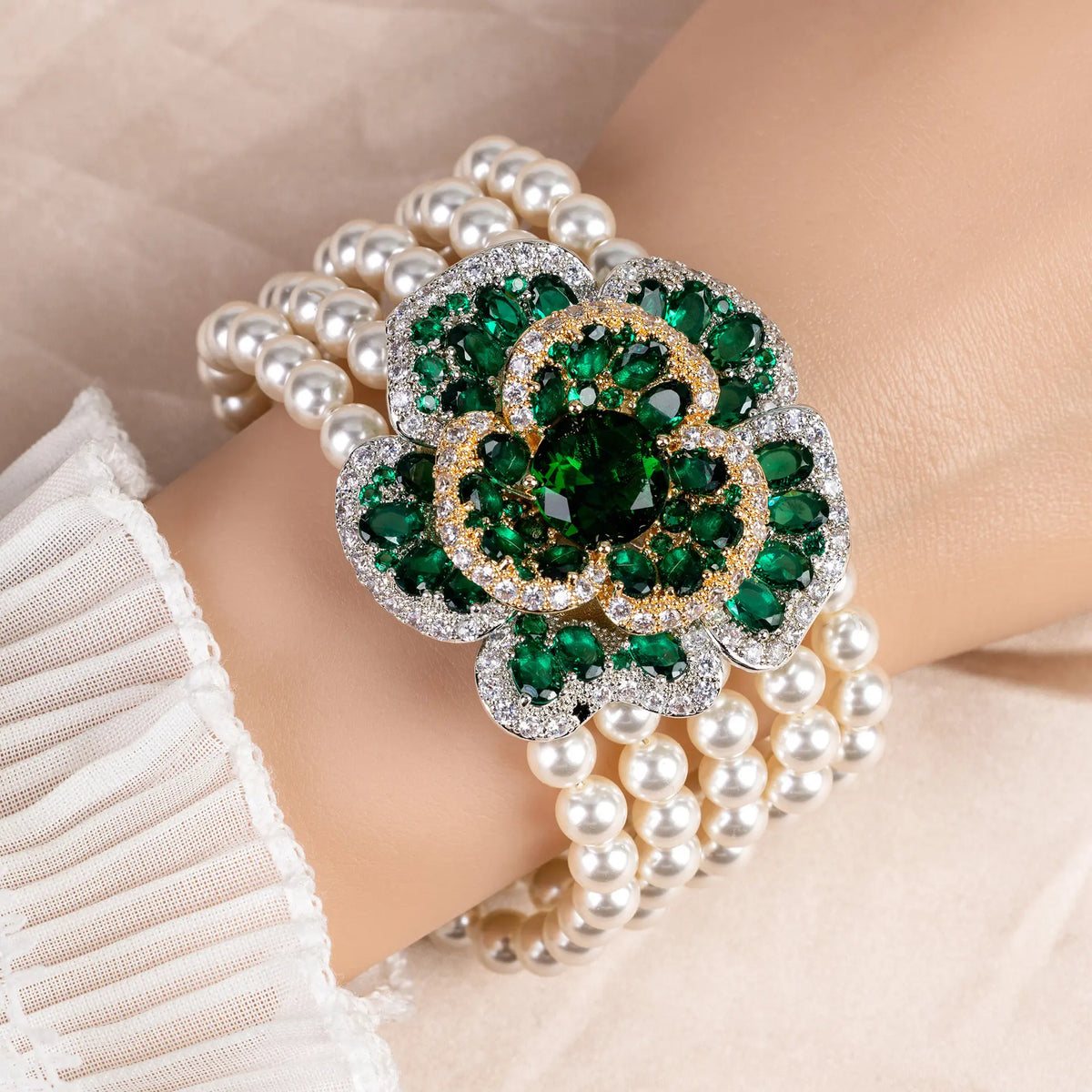 Bracelet de luxe en cristal rouge orange avec perle et fleur pour femme