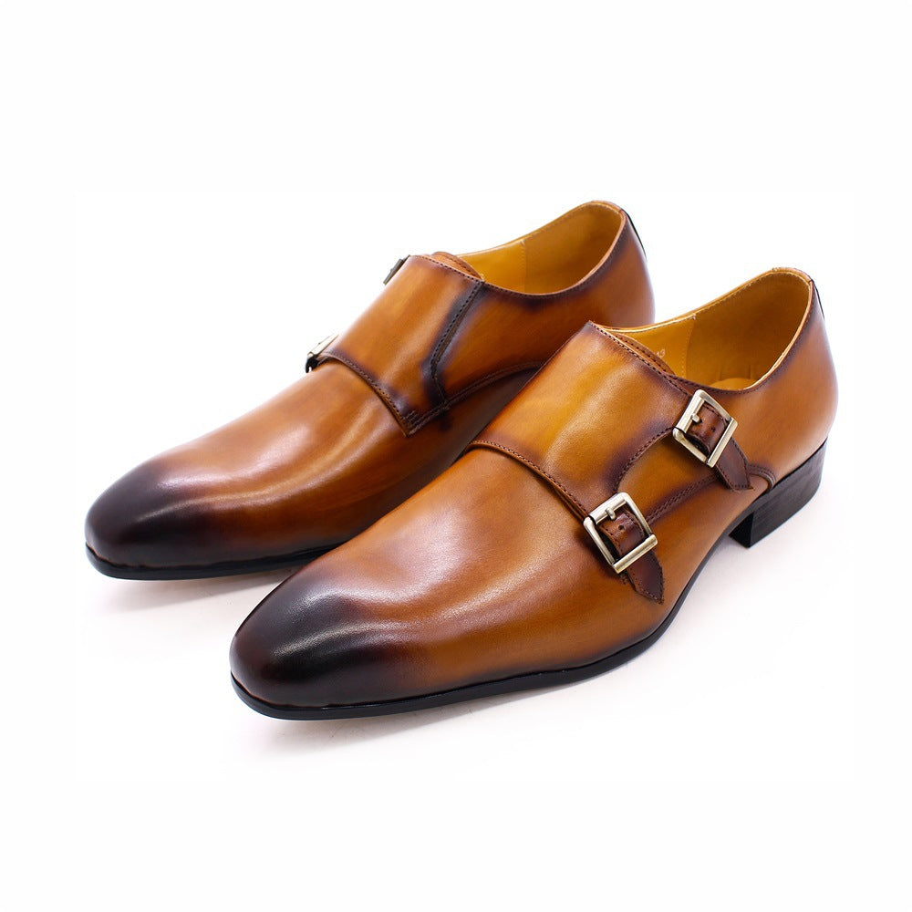 Brown Leather Buckle Men's Loafers Pointed Handmade Leather Shoes