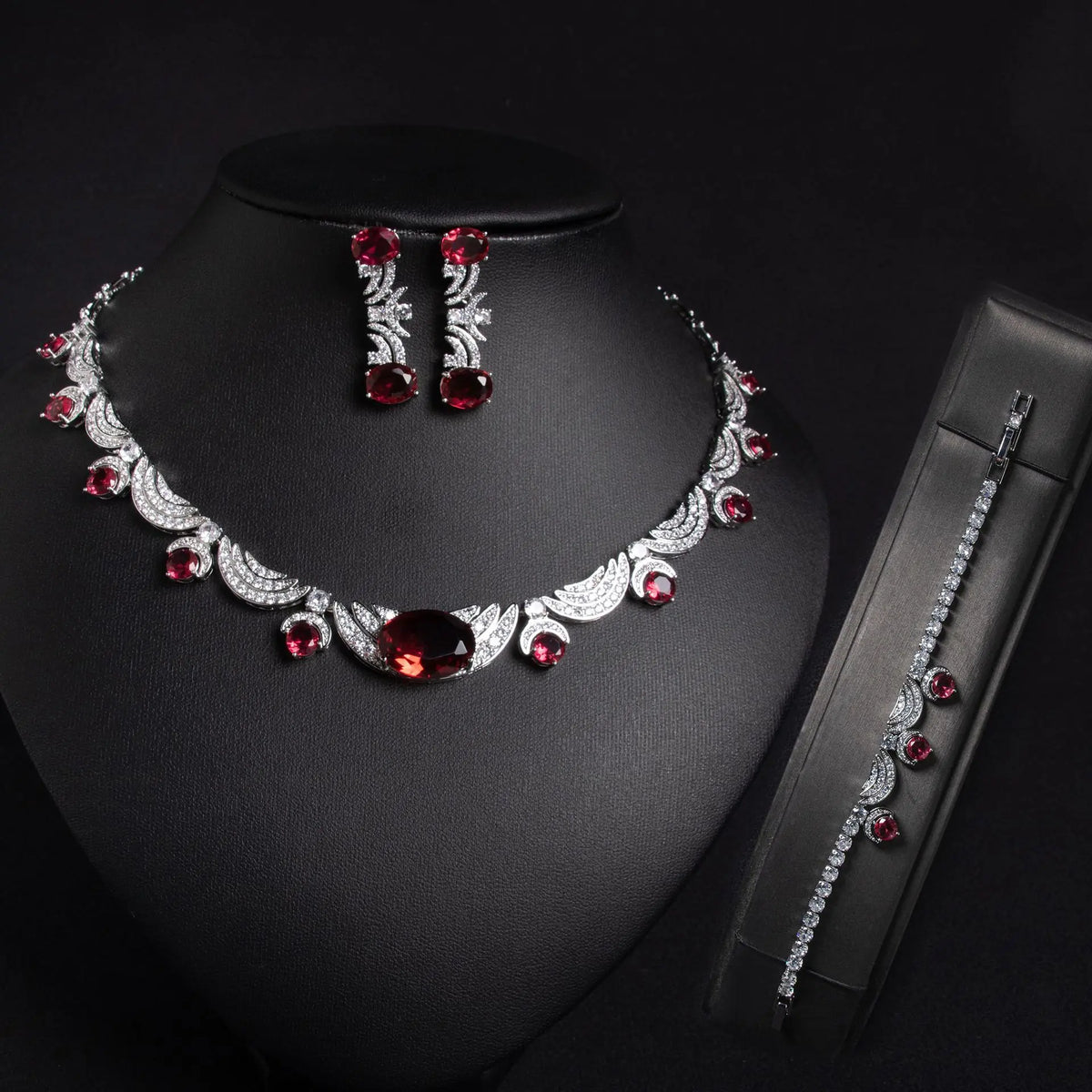 Ensemble de bijoux de luxe pour femmes, collier, boucles d'oreilles, bracelet en cristal rouge rubis