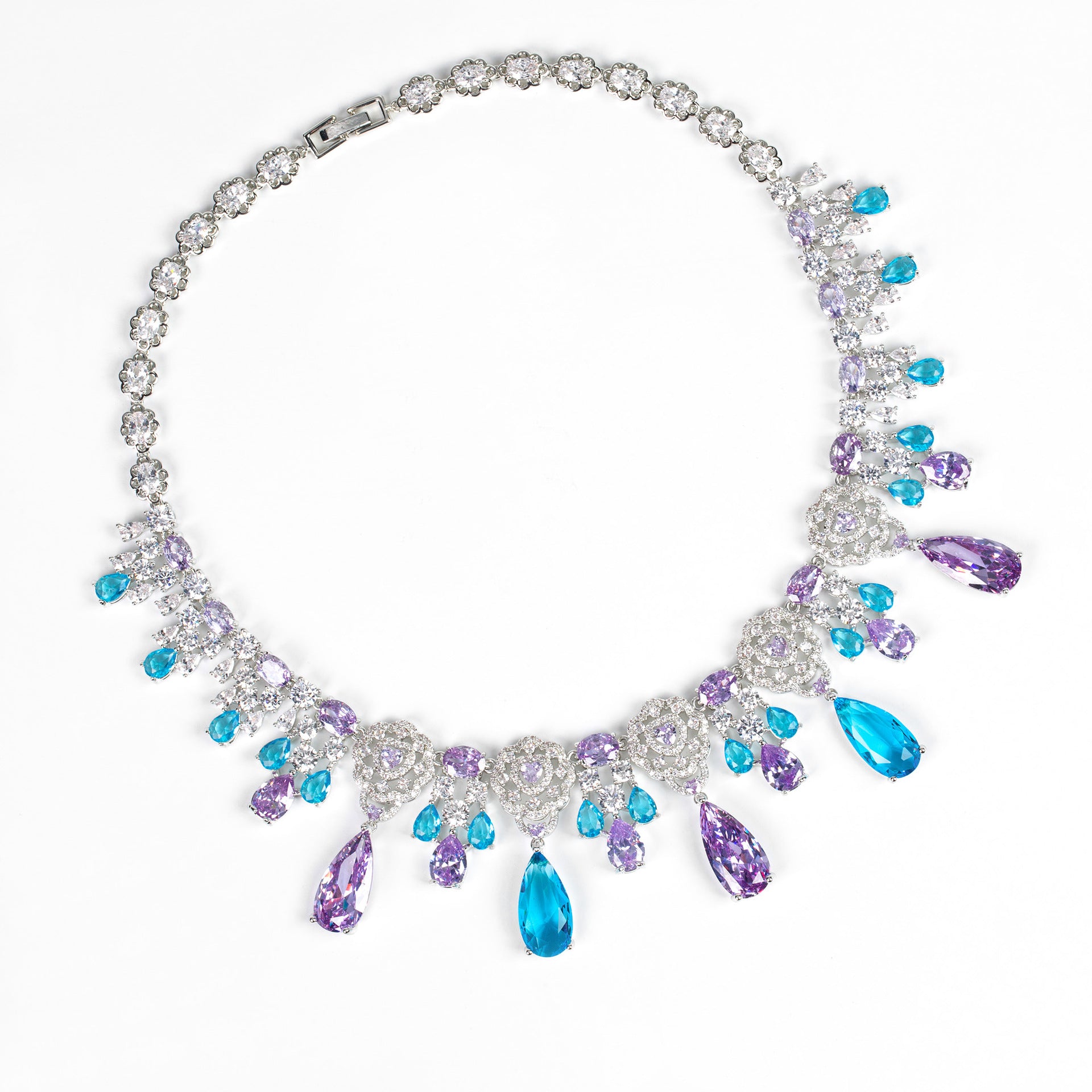 Luxury Purple & Blue Gemstone Statement Necklace Set for Women – Floral Jewelry with Matching Earrings