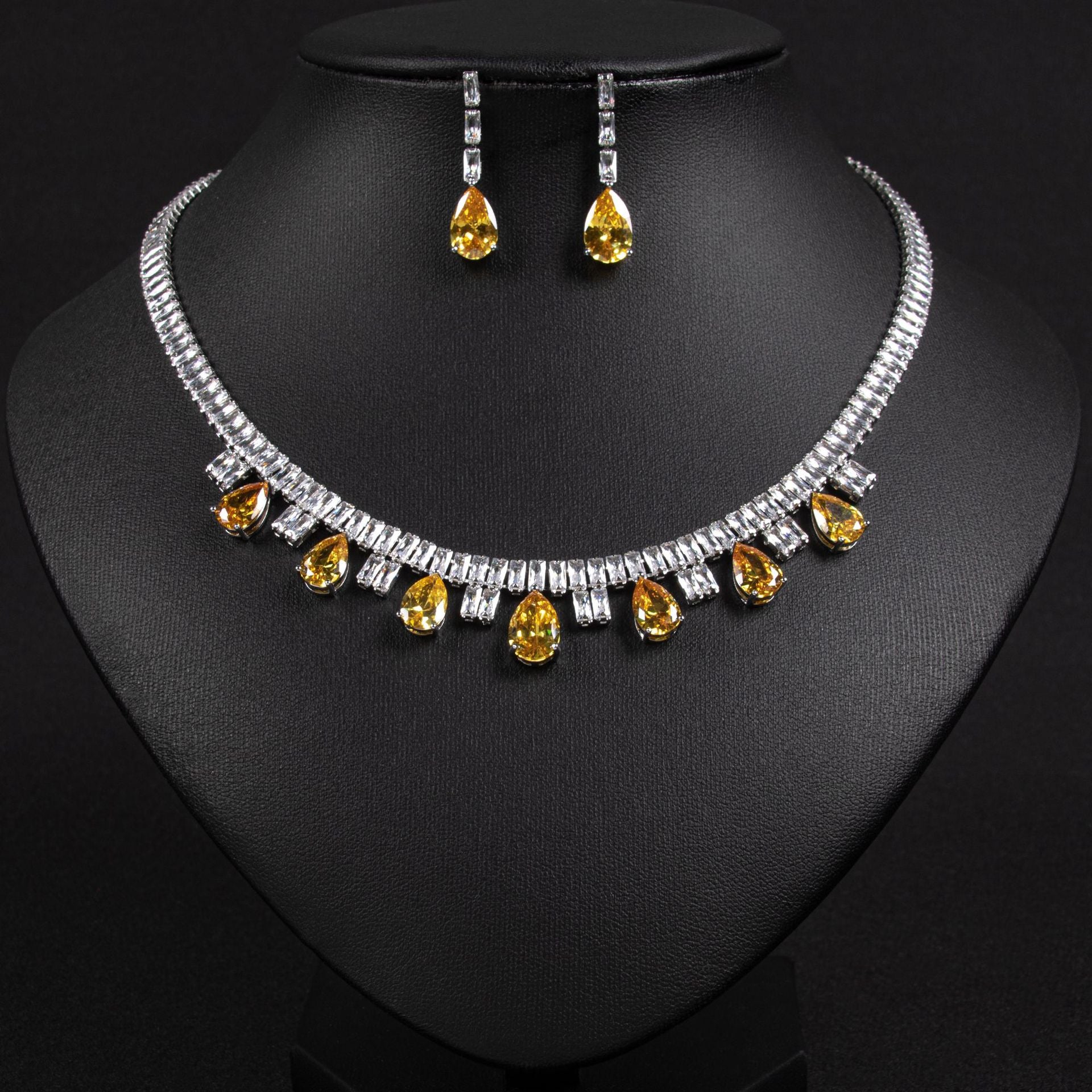 Luxury Ruby Red Teardrop Necklace Set for Women – Baguette Crystal Jewelry with Matching Earrings