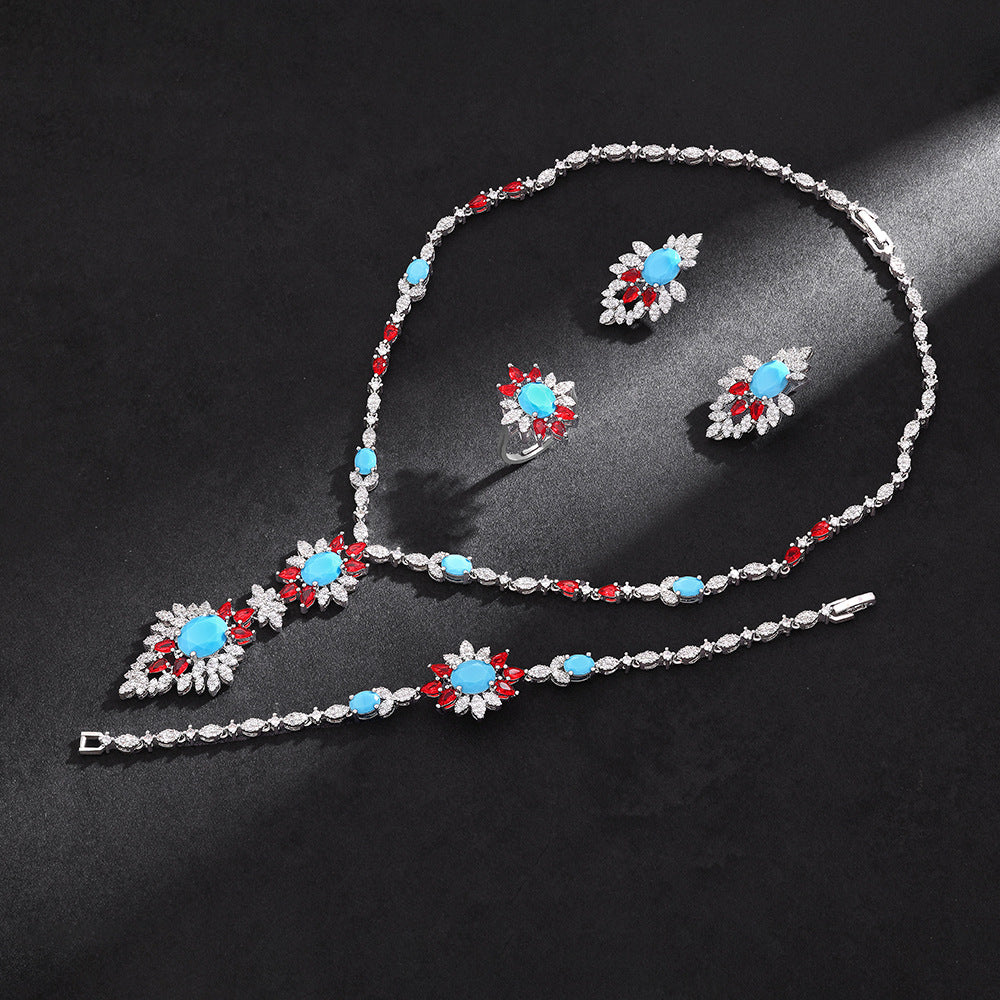Luxury Floral Crystal Jewelry Set Orange Green Zircon Necklace Earrings Ring Silver Plated Statement Set for Women