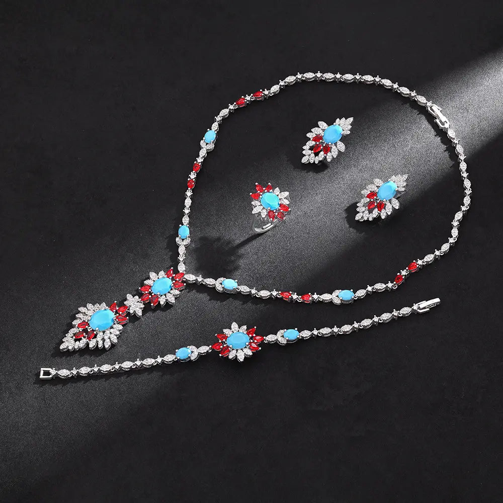 Luxury Floral Crystal Jewelry Set Orange Green Zircon Necklace Earrings Ring Silver Plated Statement Set for Women