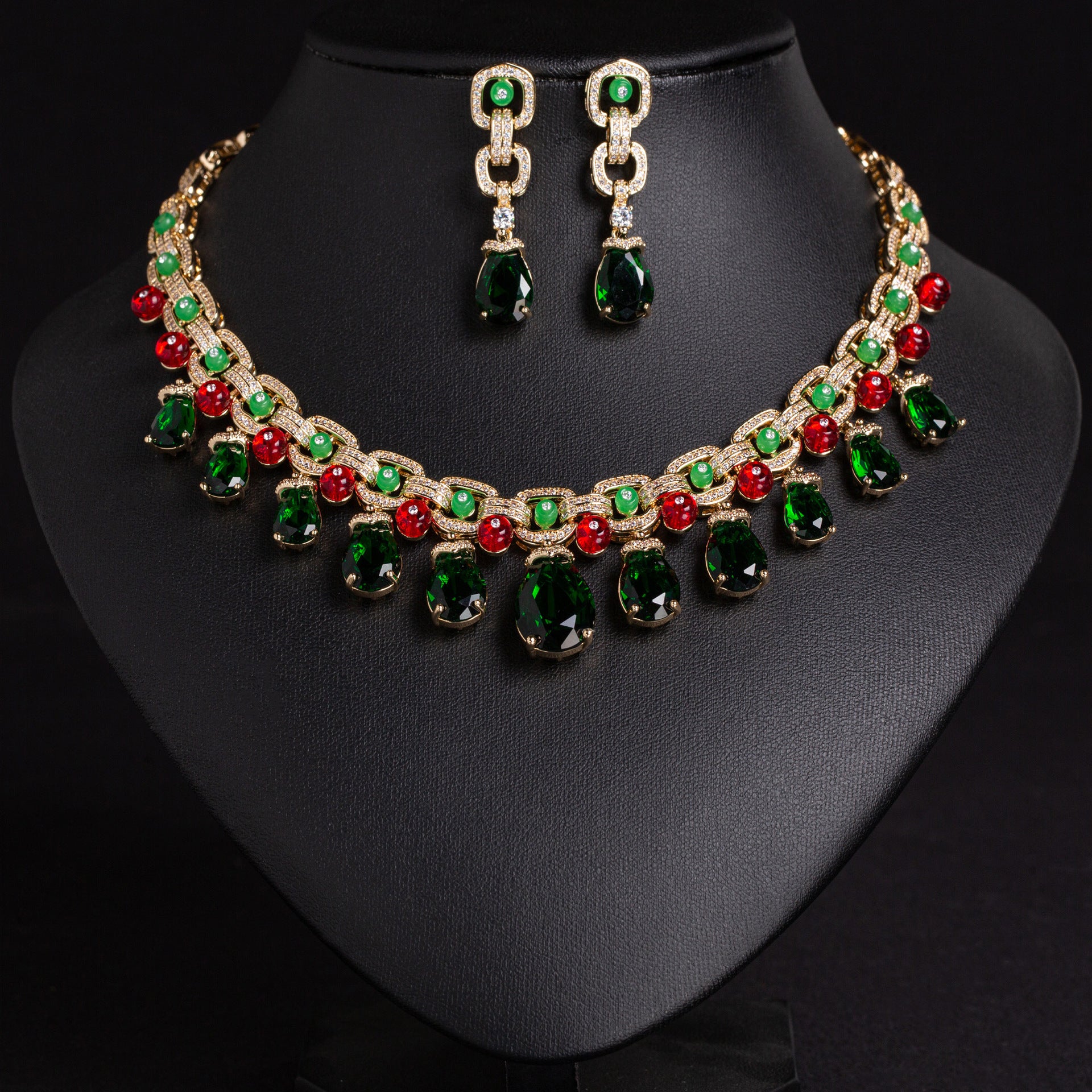 Luxury Multicolor Crystal Necklace Set with Pink Green Red Stones – Statement Jewelry for Women