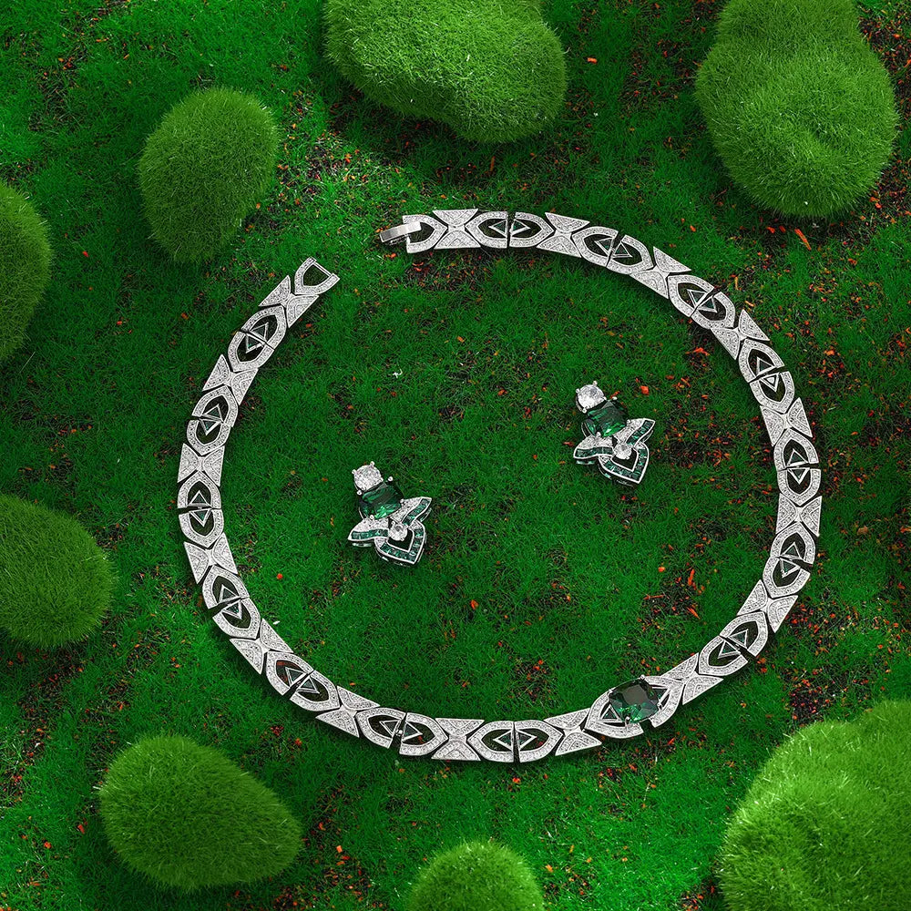 Luxury Green Crystal Geometric Necklace Set Silver Tone Statement Jewelry Set Earrings for Women