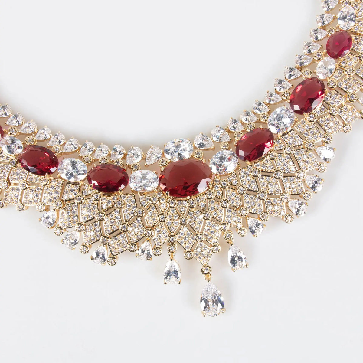 Luxury Ruby Red Crystal Statement Necklace and Earrings Jewelry Set
