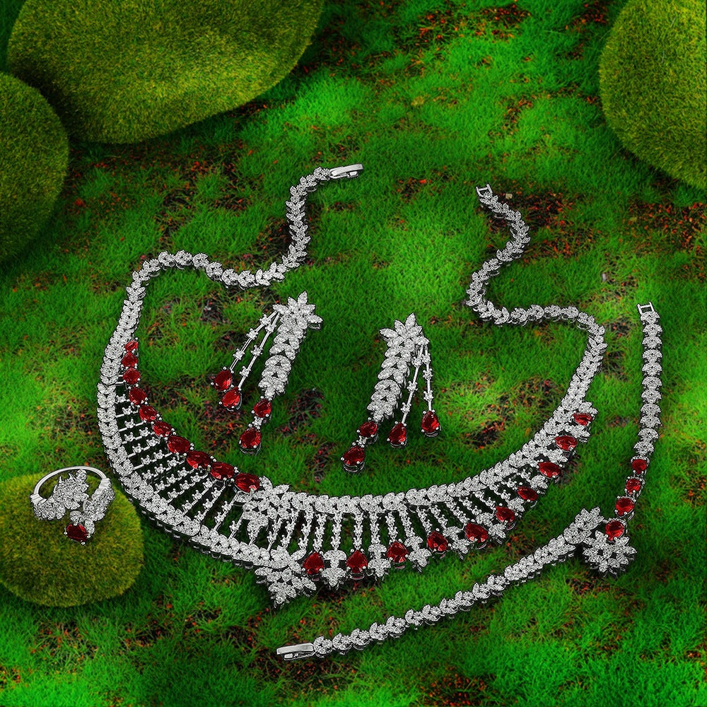 Luxury Red Crystal Tassel Jewelry Set – Necklace Earrings Bracelet Ring for Women