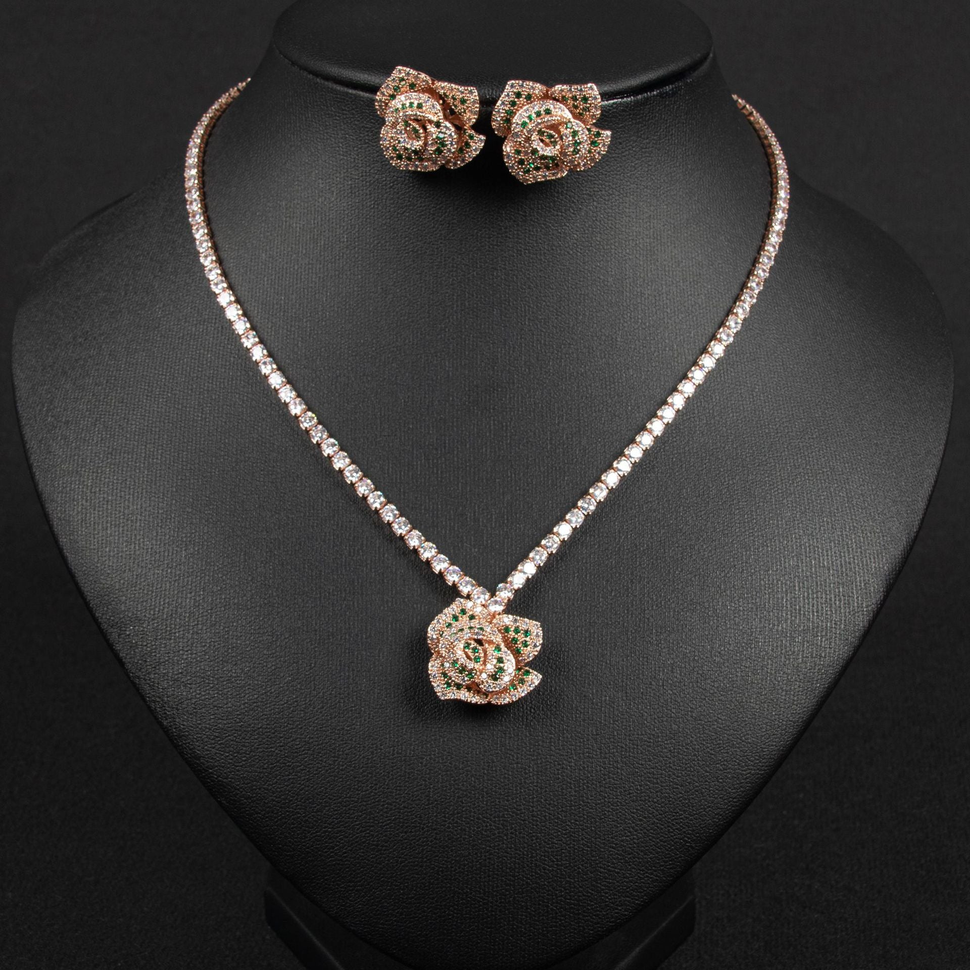 Elegant Rose Crystal Pendant Necklace and Earrings Set – Luxury Floral Jewelry