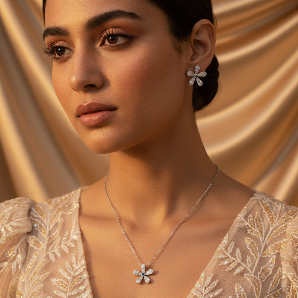 Elegant Silver Floral Crystal Necklace and Earrings Jewelry Set