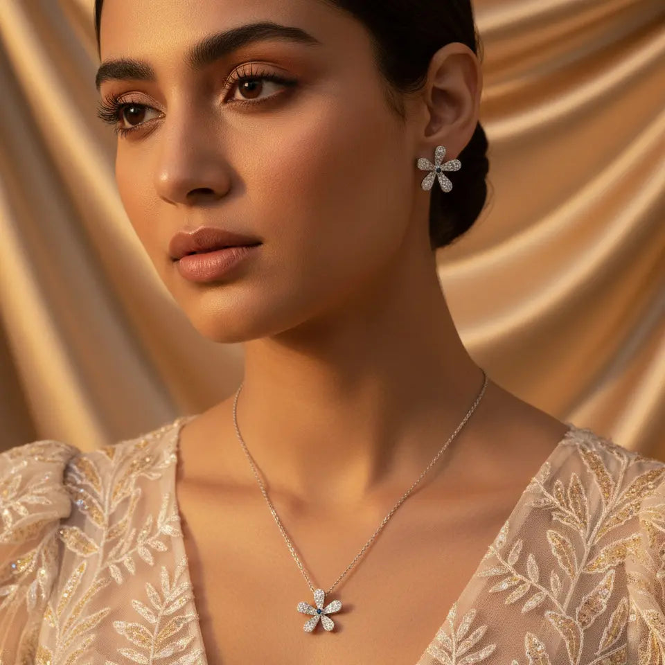 Elegant Silver Floral Crystal Necklace and Earrings Jewelry Set