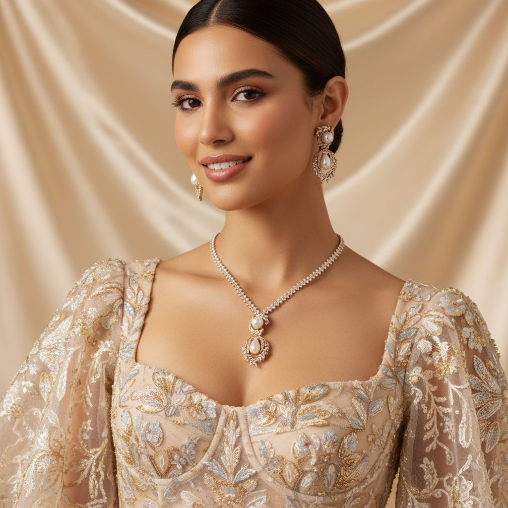 Luxury Pearl & Emerald Green Necklace Set for Women – Gold Floral Jewelry with Matching Earrings