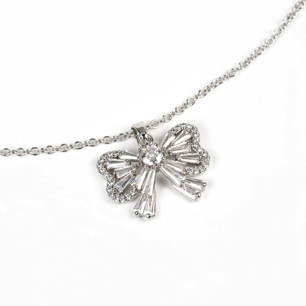 Elegant Silver Bow Crystal Necklace and Earrings Jewelry Set