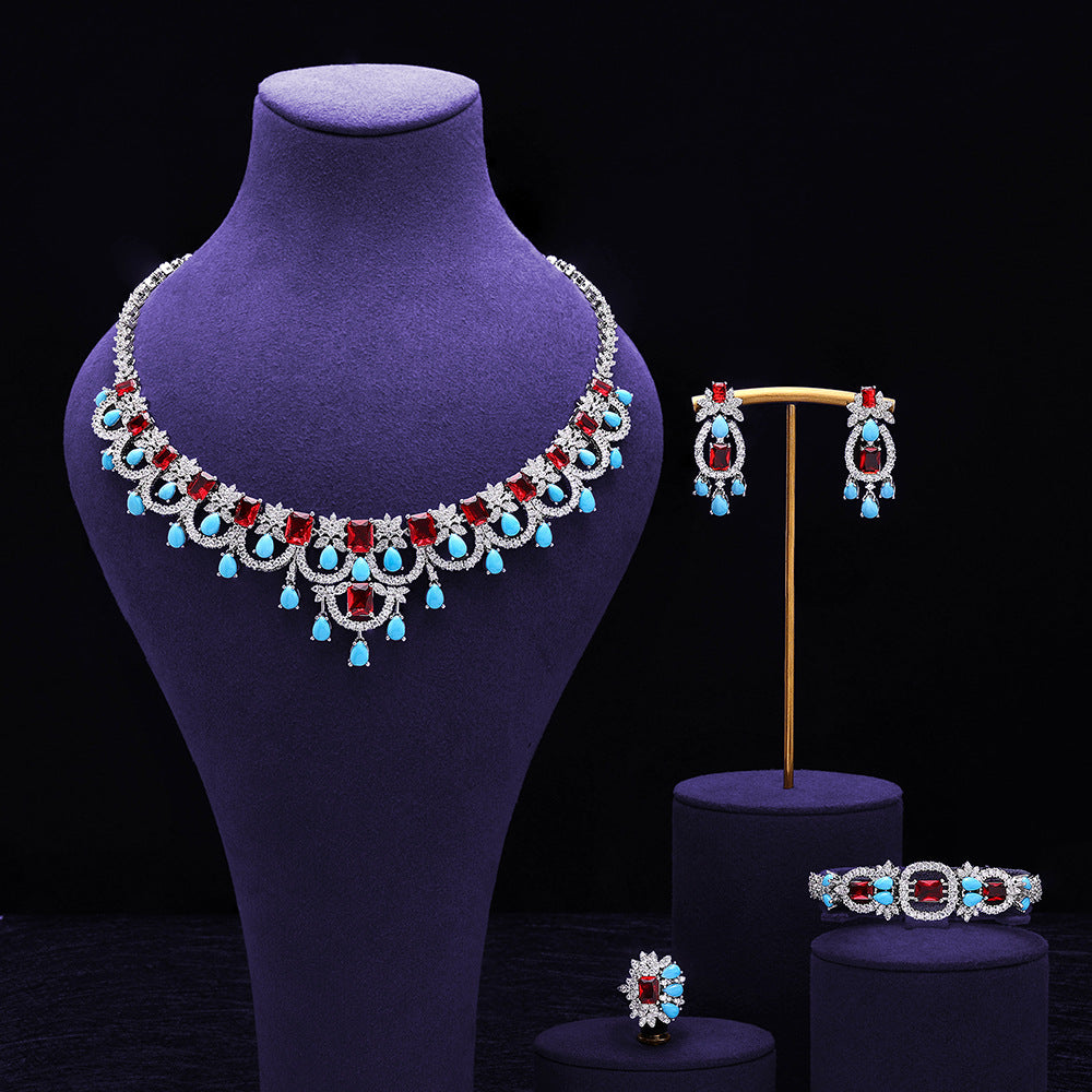 Luxury Pink and Turquoise Crystal Necklace Earrings Bracelet Ring Jewelry Set