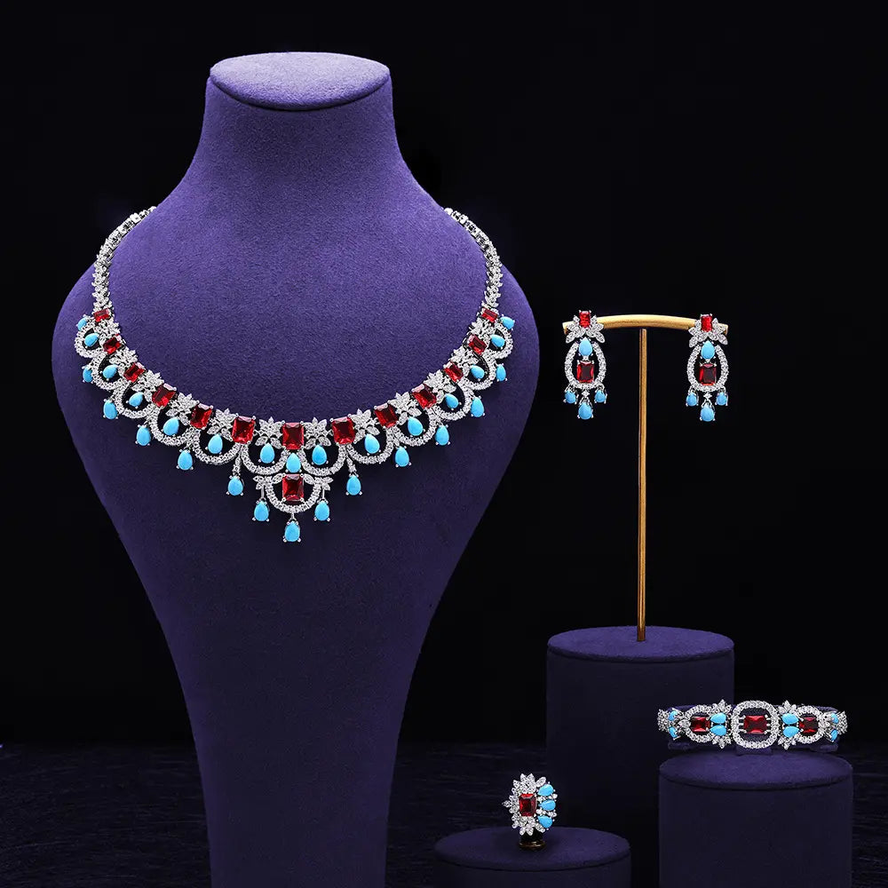 Schmuckset Luxus Rosa Türkis Kristall Halskette Ohrringe Armband Ring