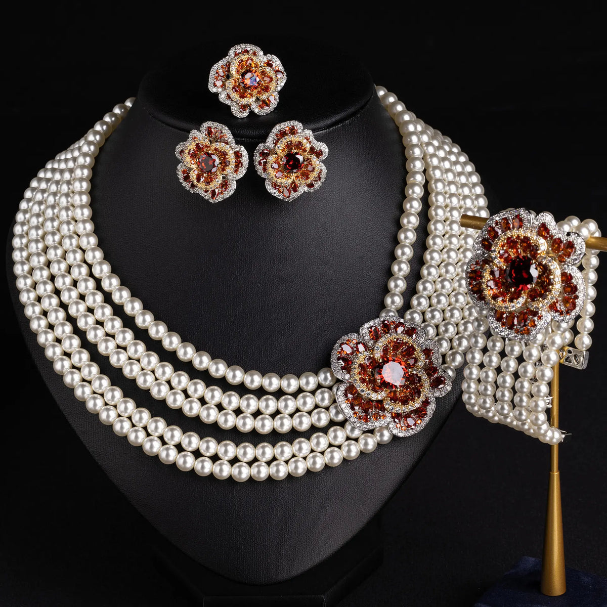 Elegant Pearl Floral Jewelry Set – Luxury Necklace Earrings Bracelet for Women
