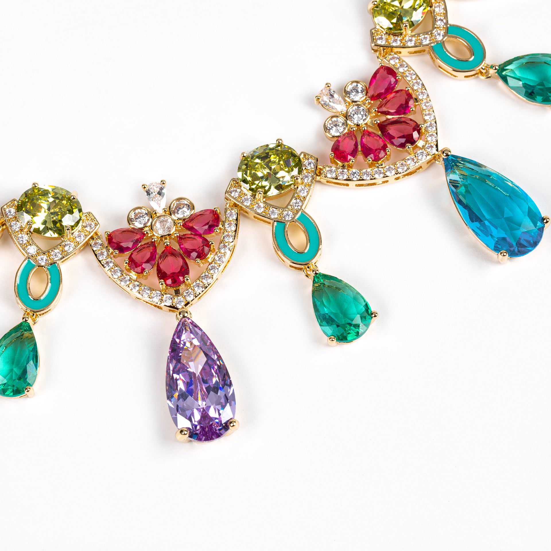 Luxury Multicolor Gemstone Statement Necklace Set for Women – Purple Teardrop Jewelry with Matching Earrings