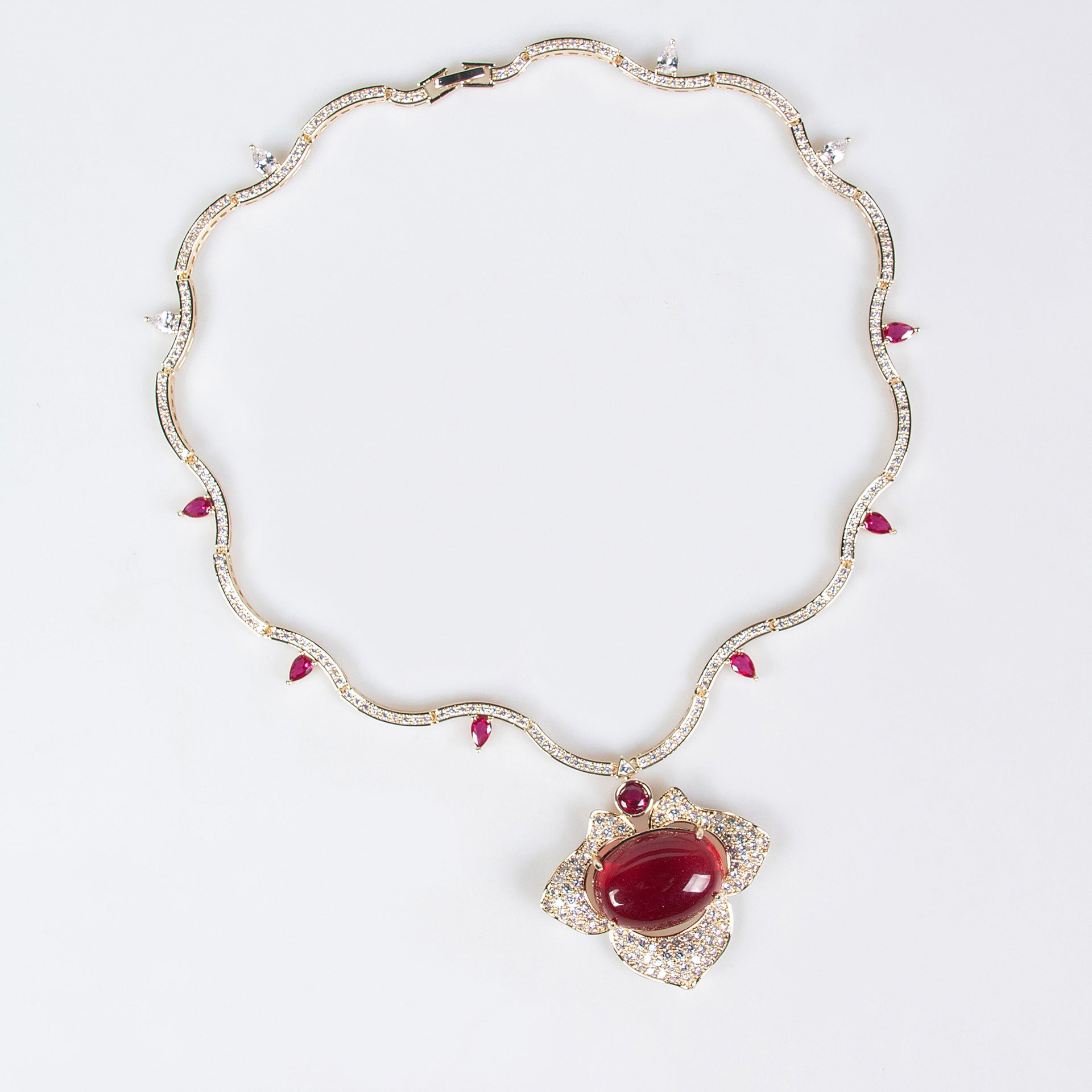 Luxury Ruby Red Crystal Necklace Earrings Set – Vintage Statement Jewelry for Women