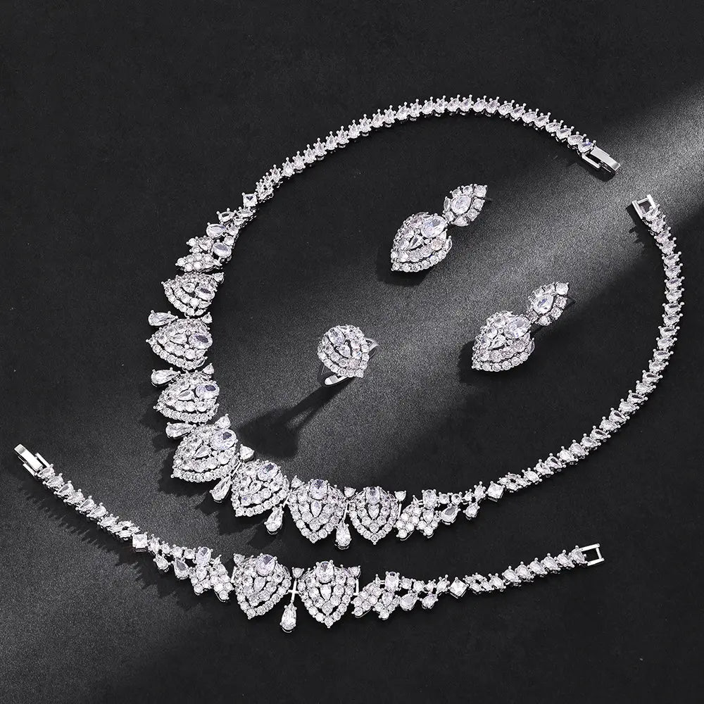 Luxury Heart Shape Crystal Jewelry Set Blue Pink Zircon Necklace Earrings Ring Bridal Statement Set for Women