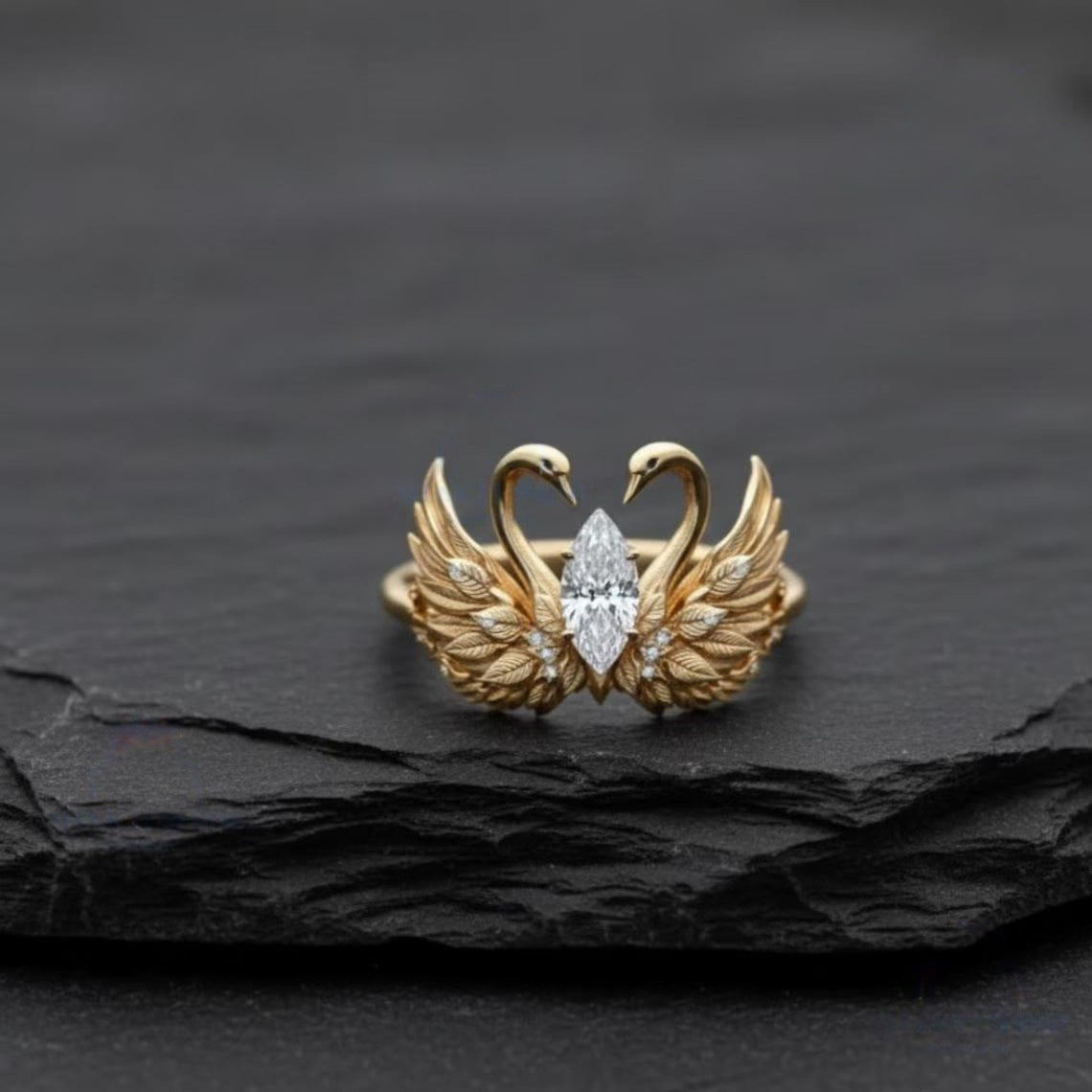 Elegant Gold Swan Ring – Marquise Cut Crystal Open Ring for Women