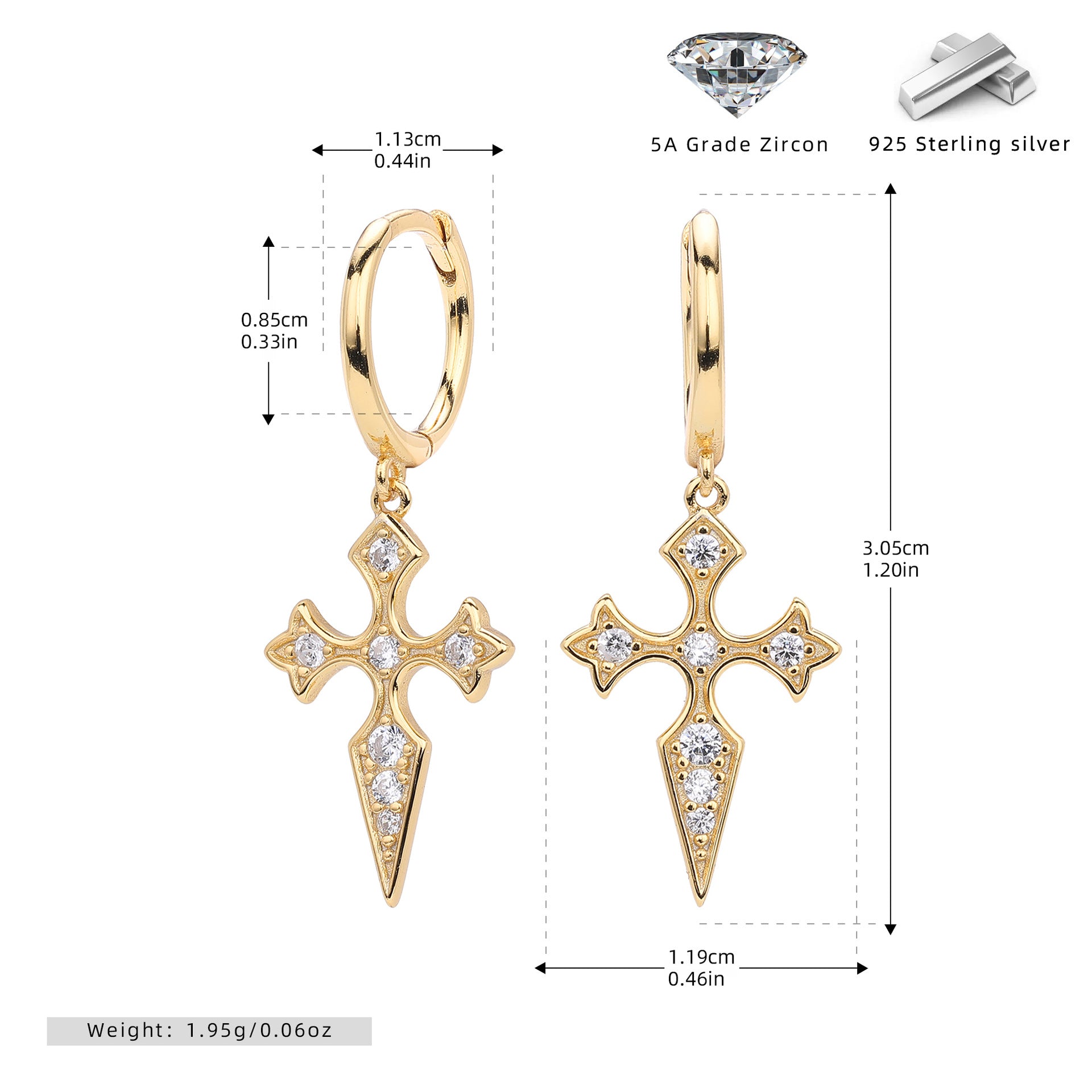 S925 sterling silver Baroque diamond studded cross earrings