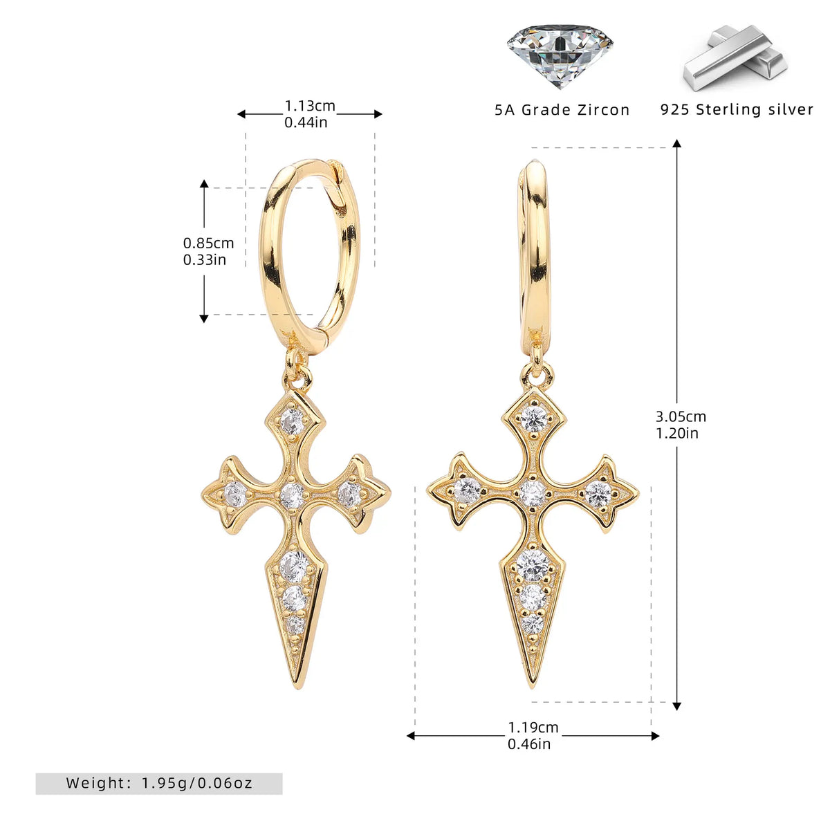 Boucles d'oreilles croix serties de diamants style baroque en argent sterling S925