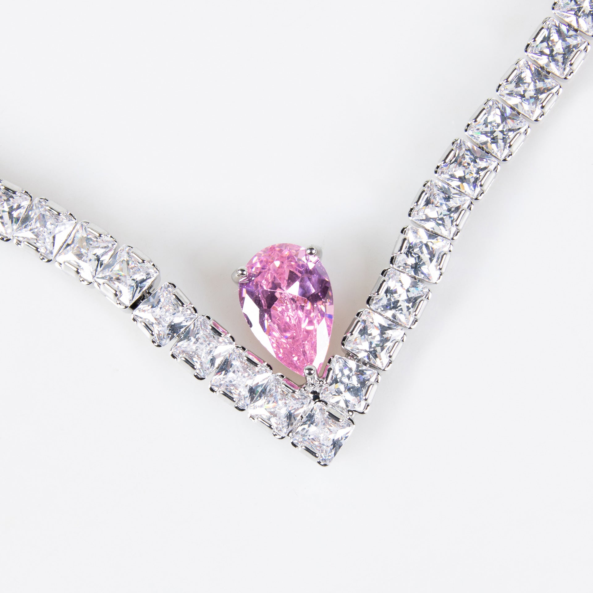 Luxury Pink Teardrop Crystal Necklace and Earrings Jewelry Set for Women