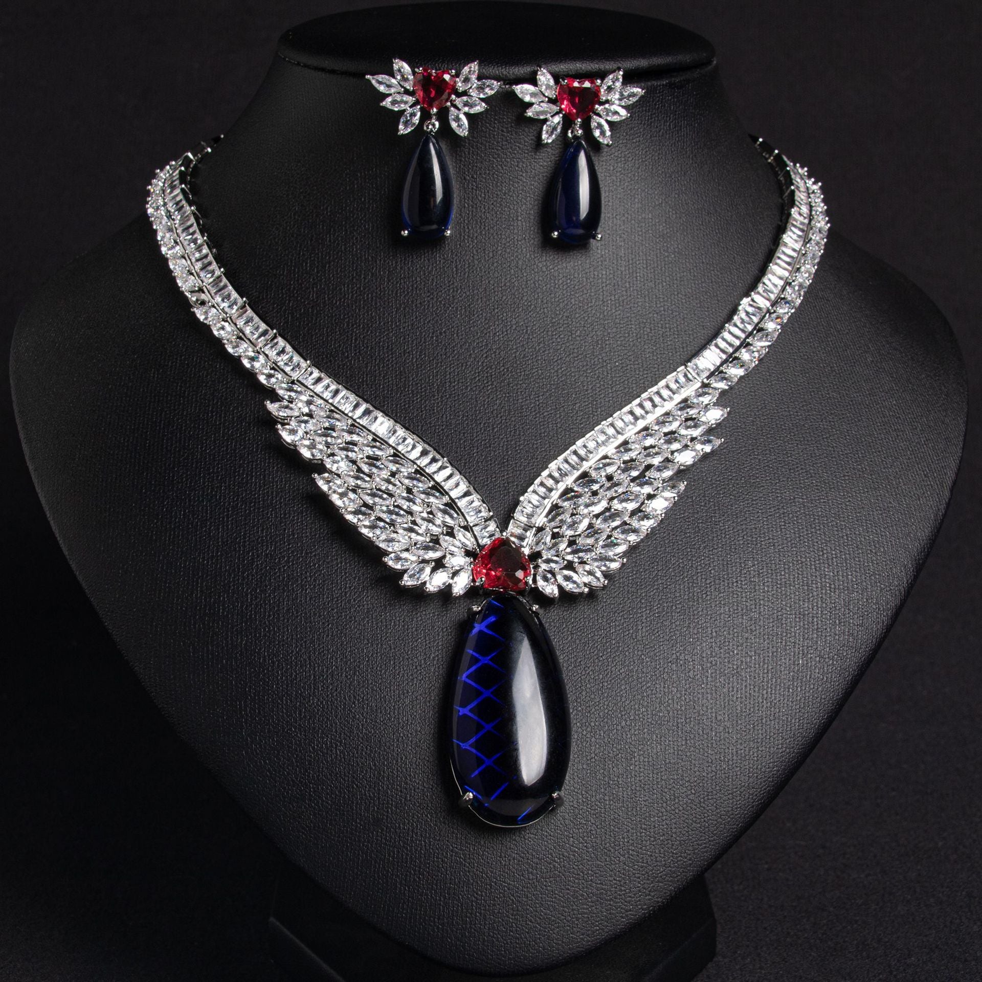 French Medieval Zircon Necklace Earrings Set Female Angel Wings