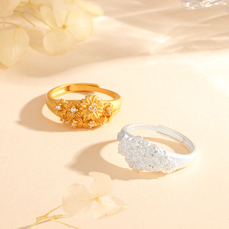 S925 Sterling Silver Gold Brushed Flower Ring