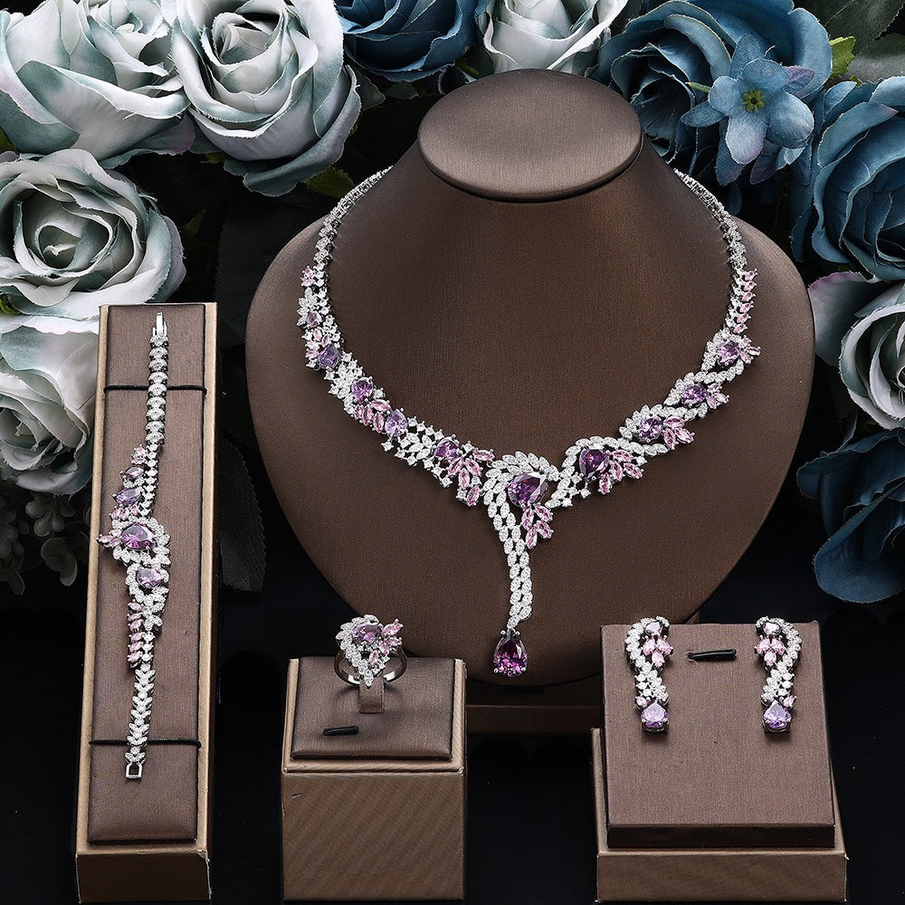 Luxury Pink Crystal Floral Jewelry Set – Necklace Earrings Bracelet Ring for Women