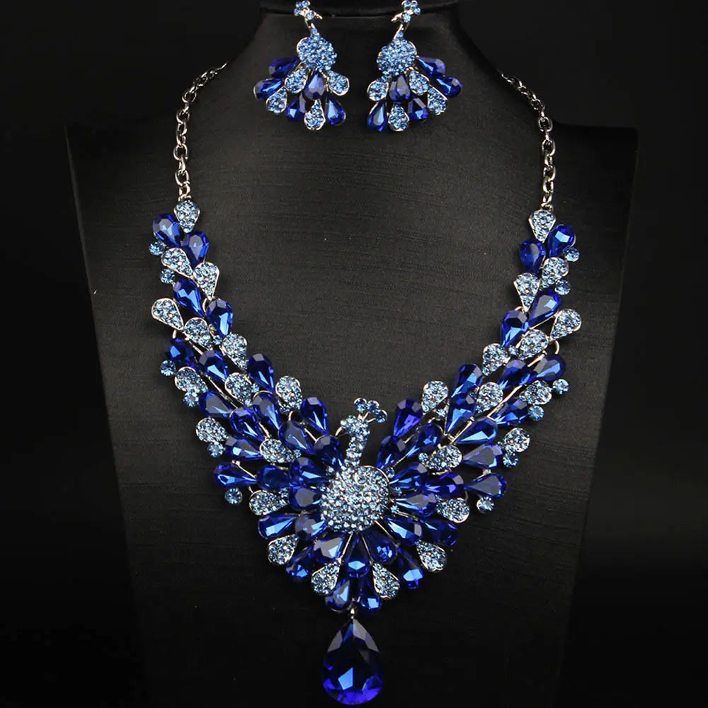 Luxury Emerald Green Peacock Crystal Necklace and Earrings Jewelry Set
