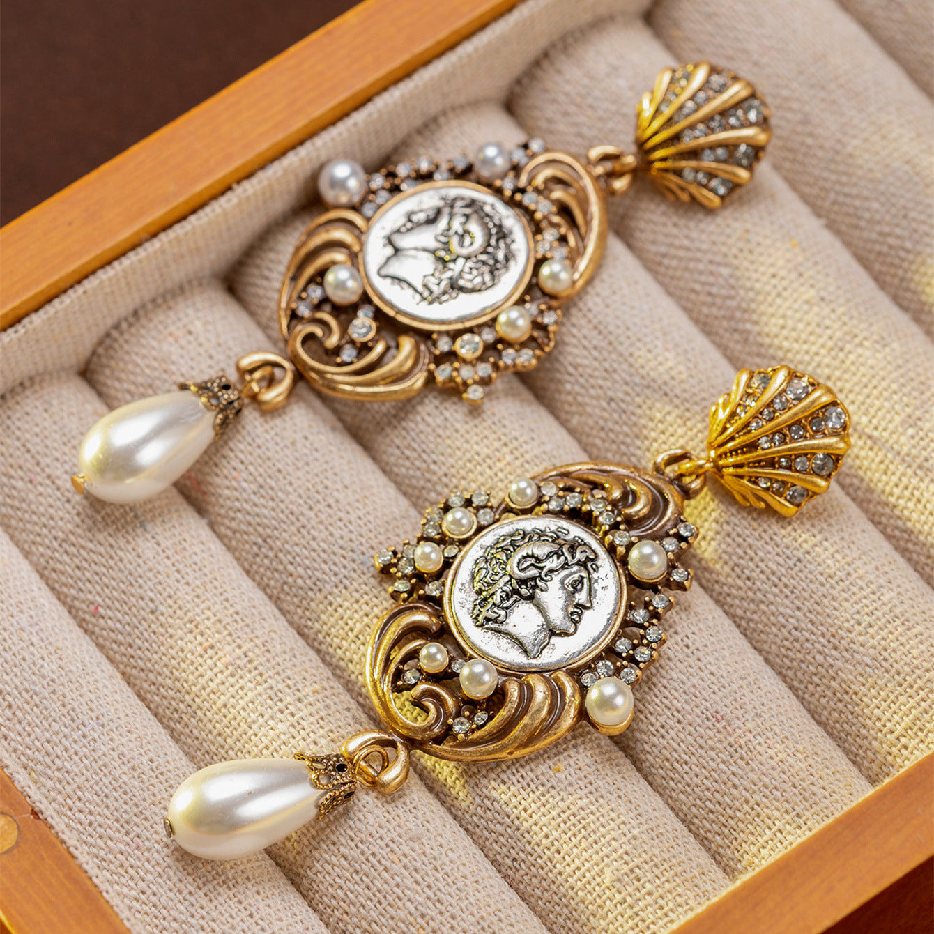 French vintage portrait pearl drop earrings