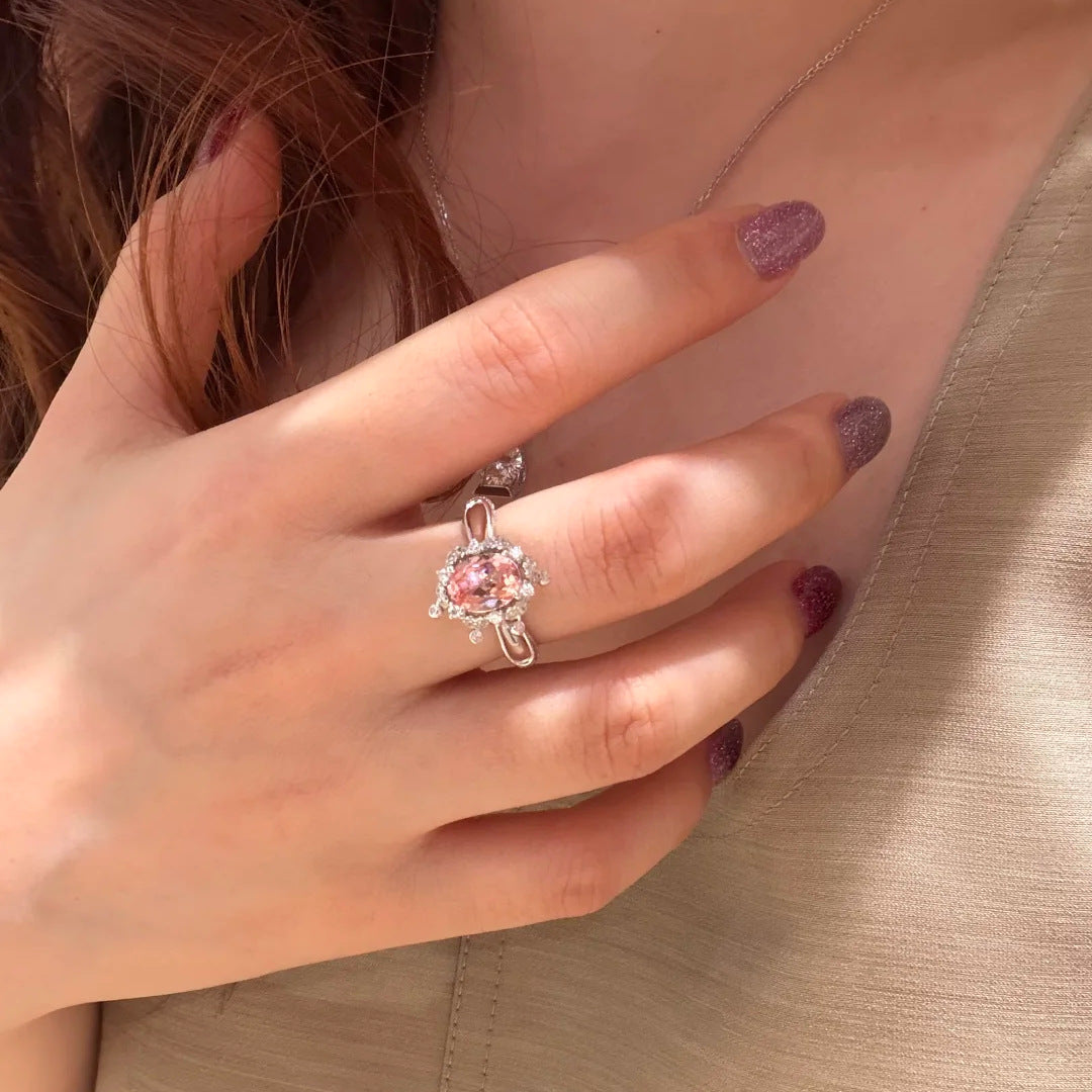 Bague élégante ovale avec gemme rose – Bague de déclaration halo pour femme