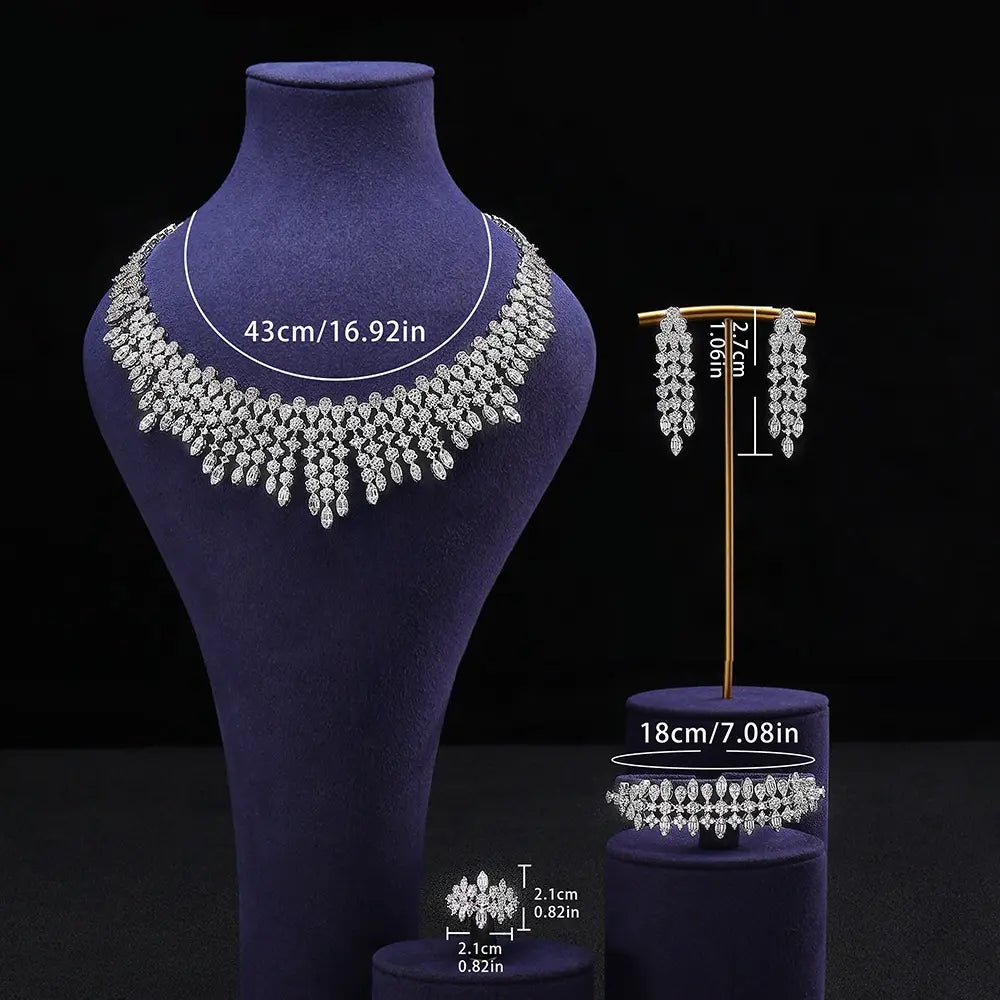 Luxury Crystal Fringe Necklace Set Silver Tone Statement Jewelry Set Earrings Ring Bridal Wedding Jewelry for Women