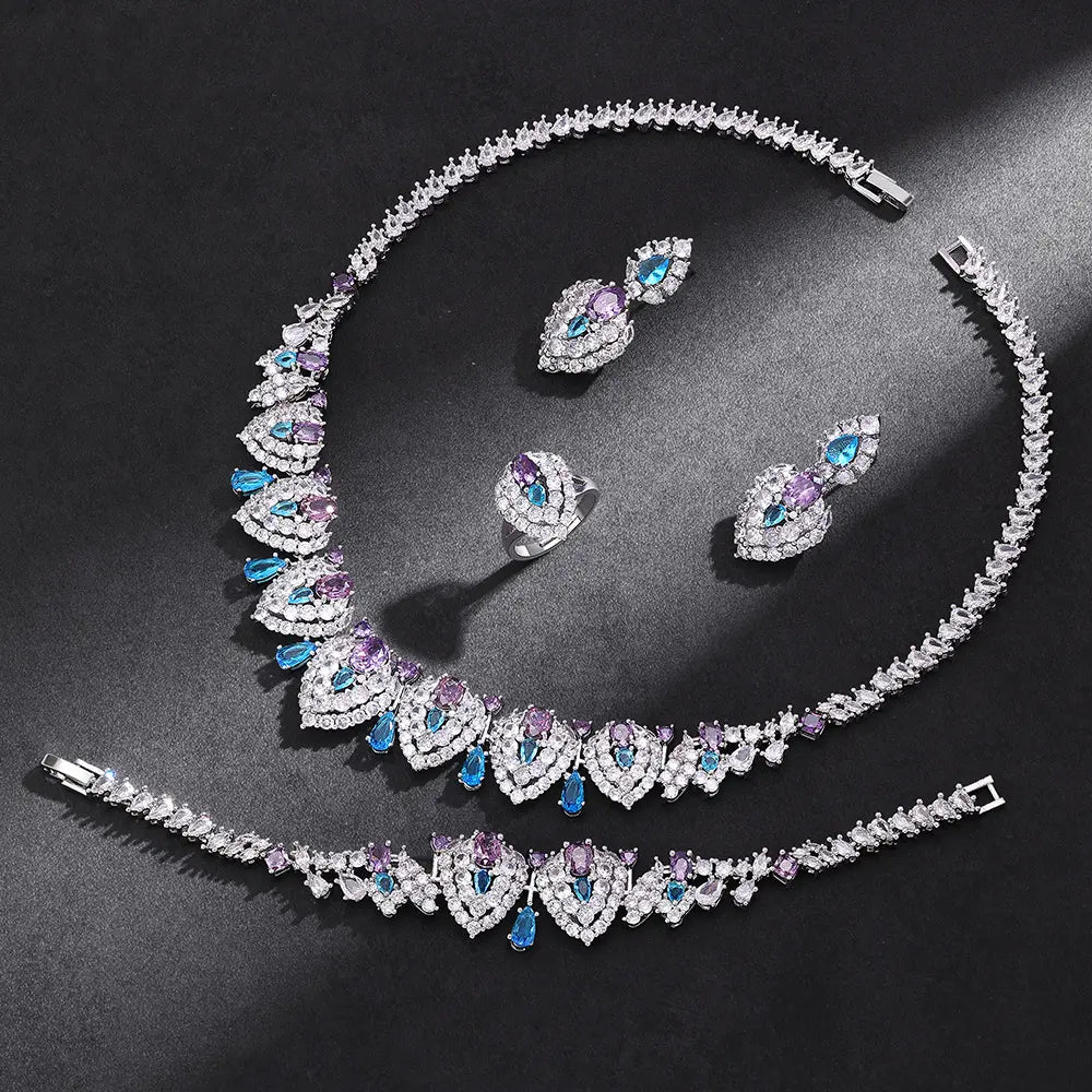 Luxury Heart Shape Crystal Jewelry Set Blue Pink Zircon Necklace Earrings Ring Bridal Statement Set for Women