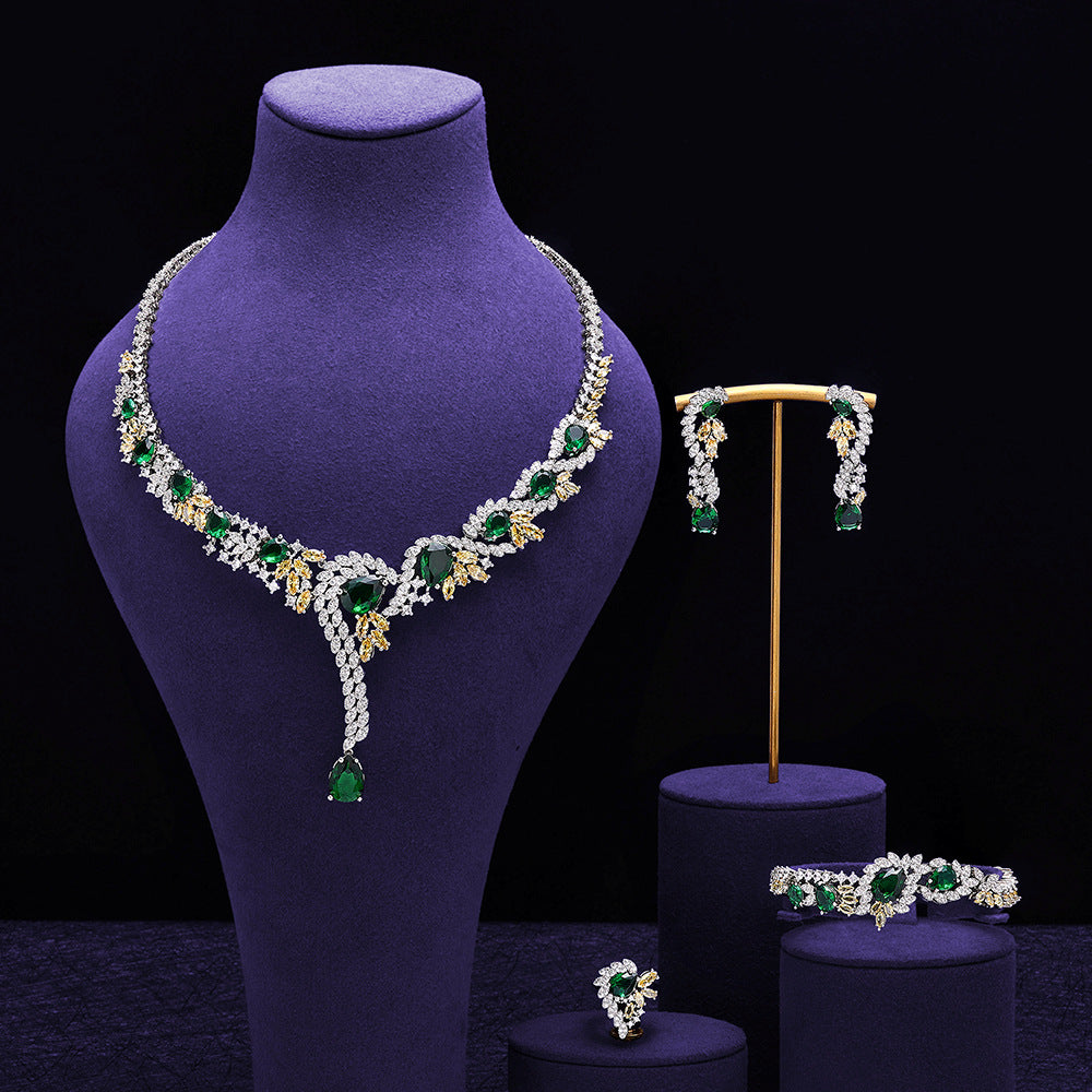 Luxury Pink Crystal Floral Jewelry Set – Necklace Earrings Bracelet Ring for Women