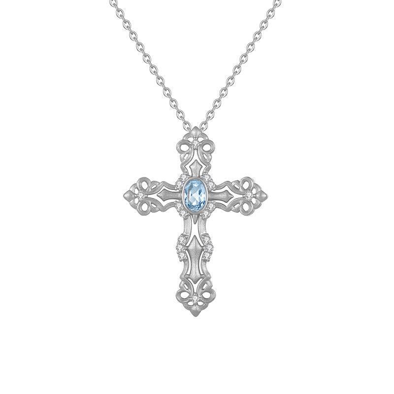 S925 Sterling Silver Colored Crystal Cross Necklace