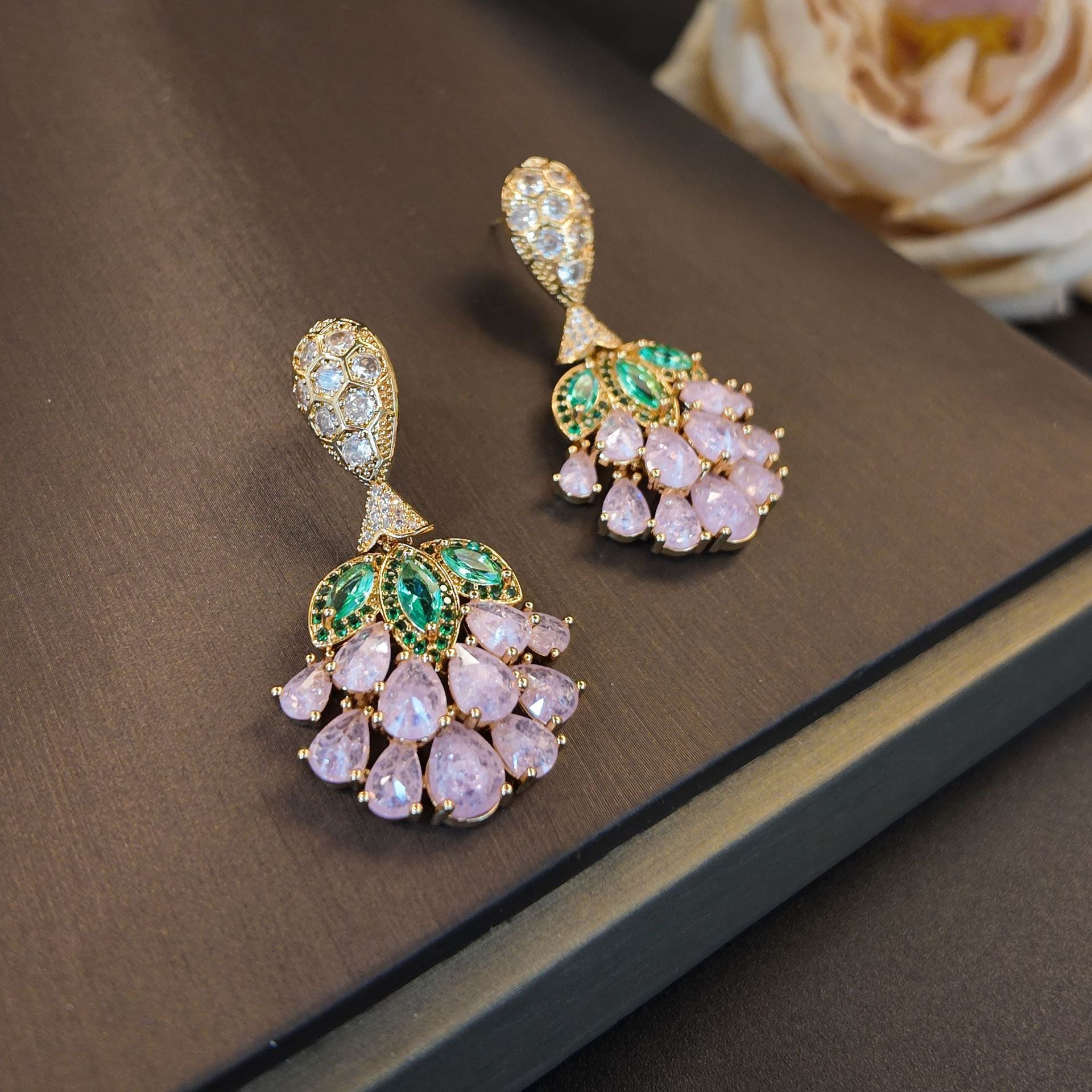 Stylish pink water drop fan flower stud earrings