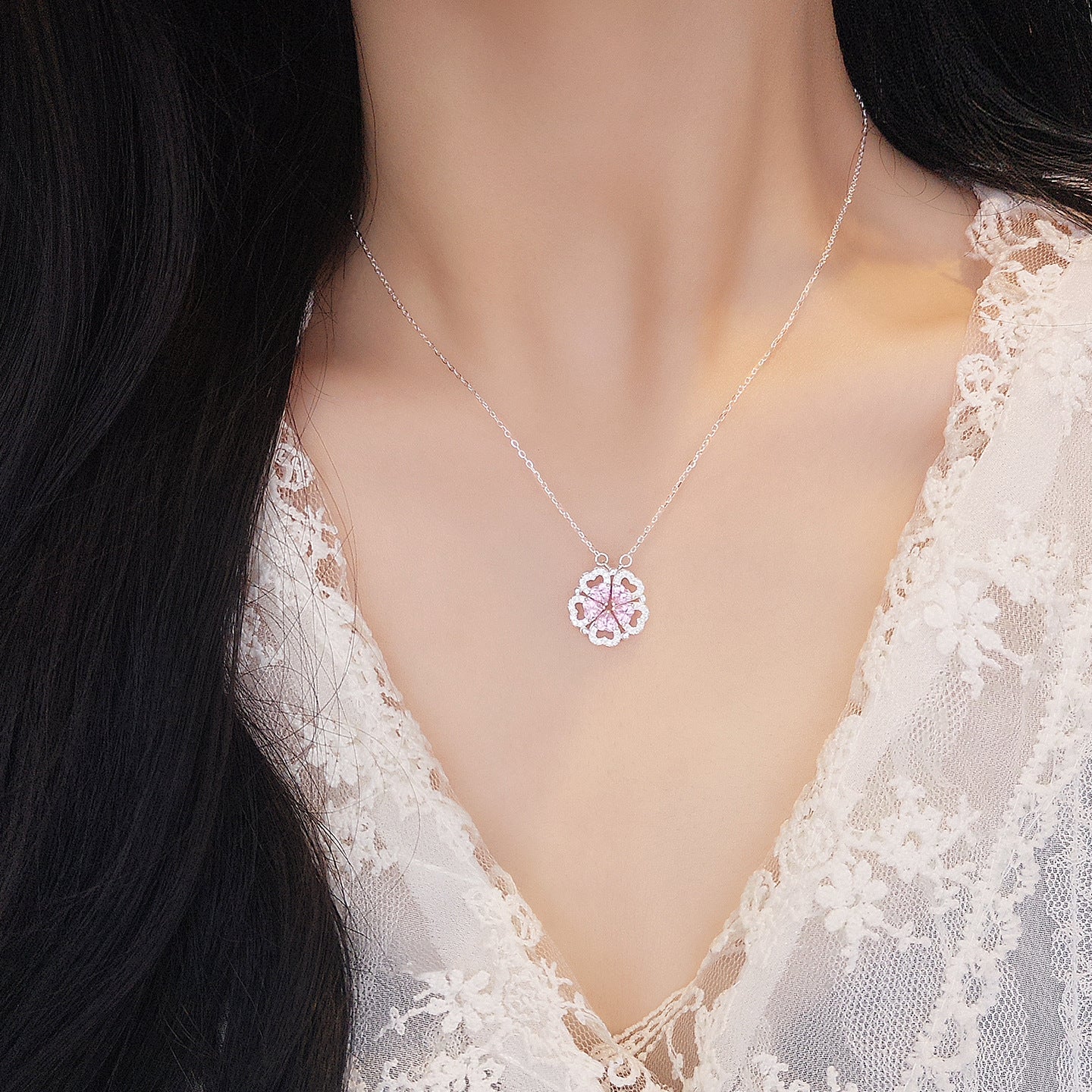 S925 Sterling Silver Love Pink Diamond Necklace