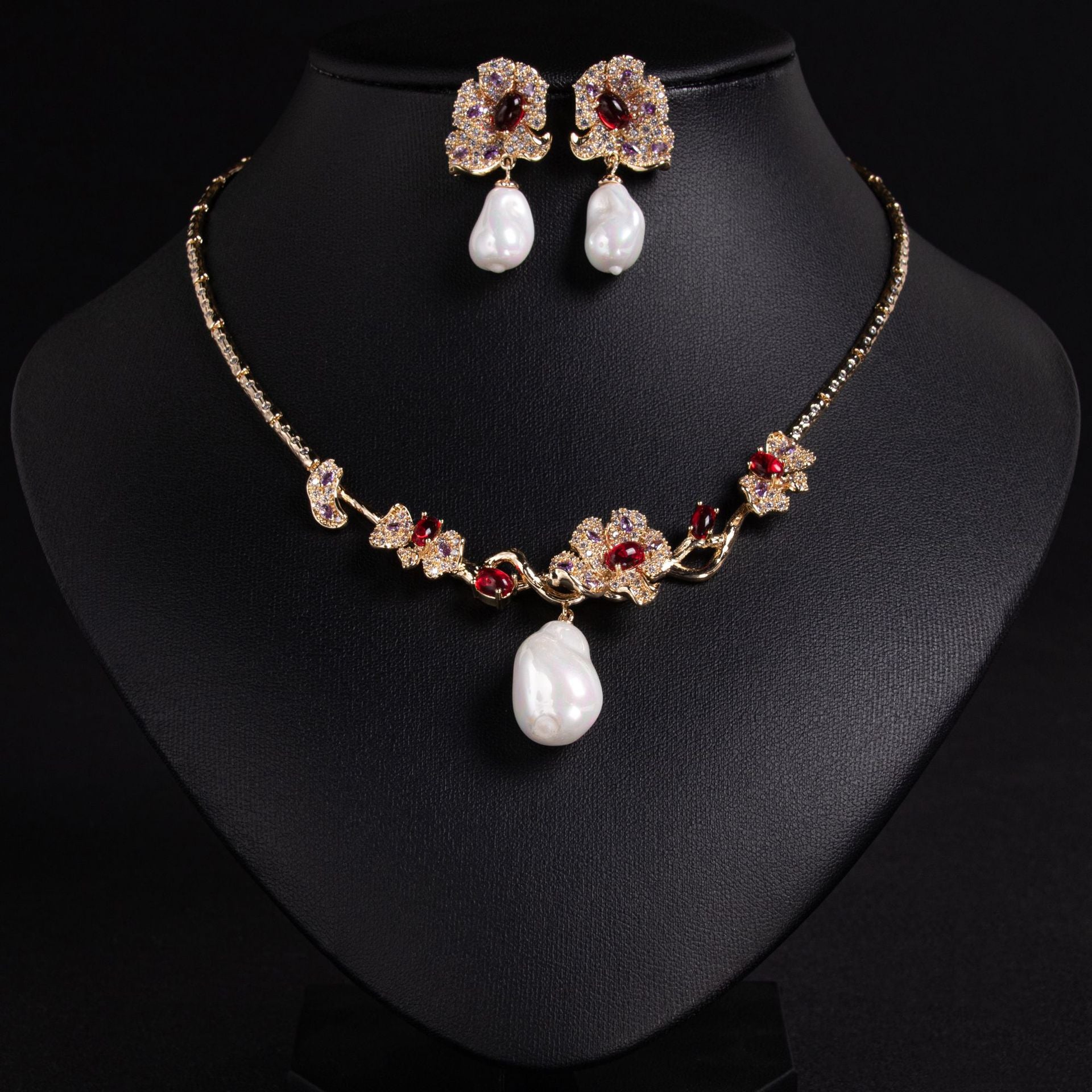 Cold wind collarbone chain earrings flower zircon necklace set
