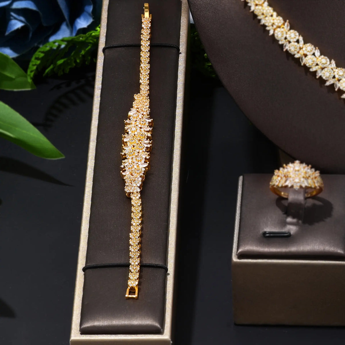 Luxury Gold Crystal Floral Jewelry Set Necklace Earrings Ring Bracelet Bridal Wedding Statement Jewelry for Women