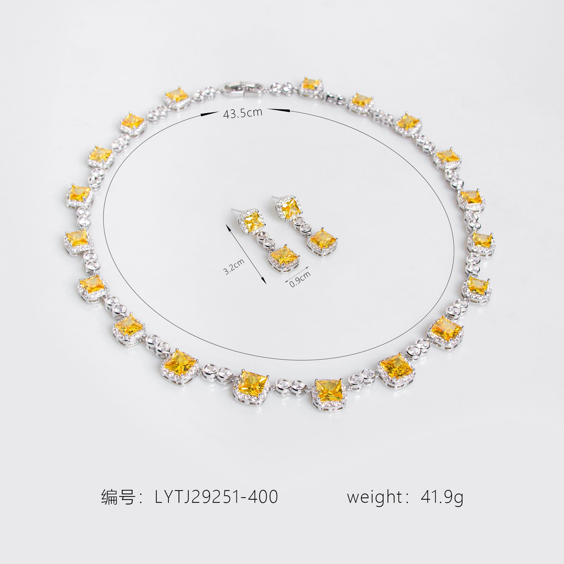 Parure Collier et Boucles d'Oreilles de Luxe en Cristal Carré Jaune pour Tenue de Soirée