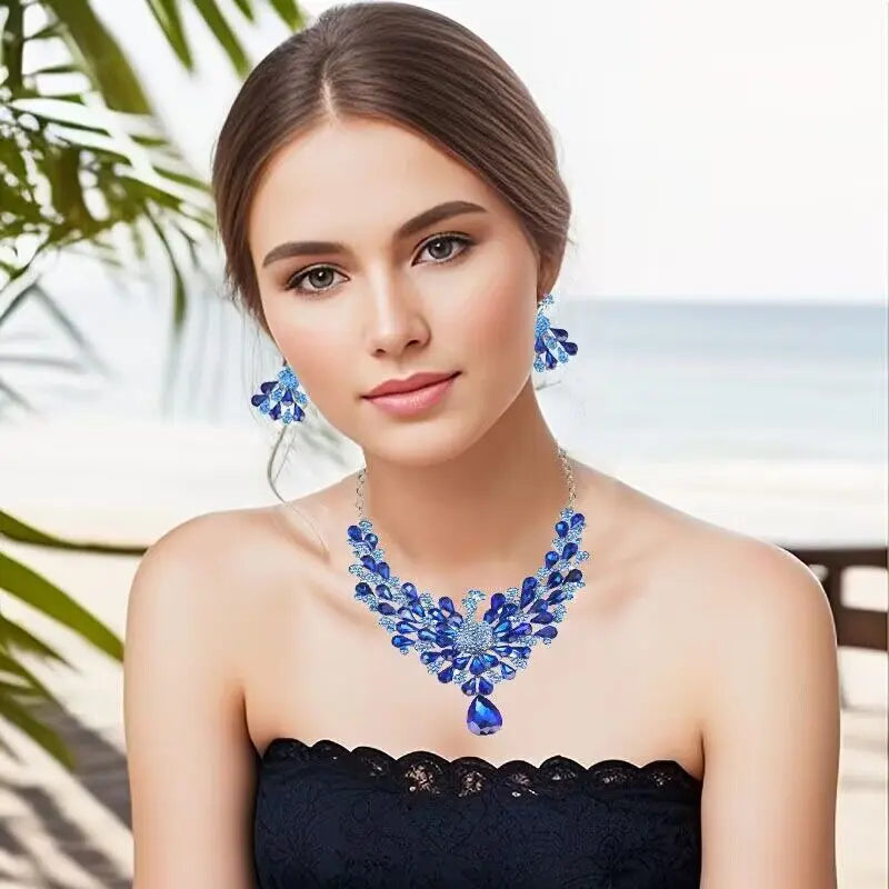 Luxury Emerald Green Peacock Crystal Necklace and Earrings Jewelry Set