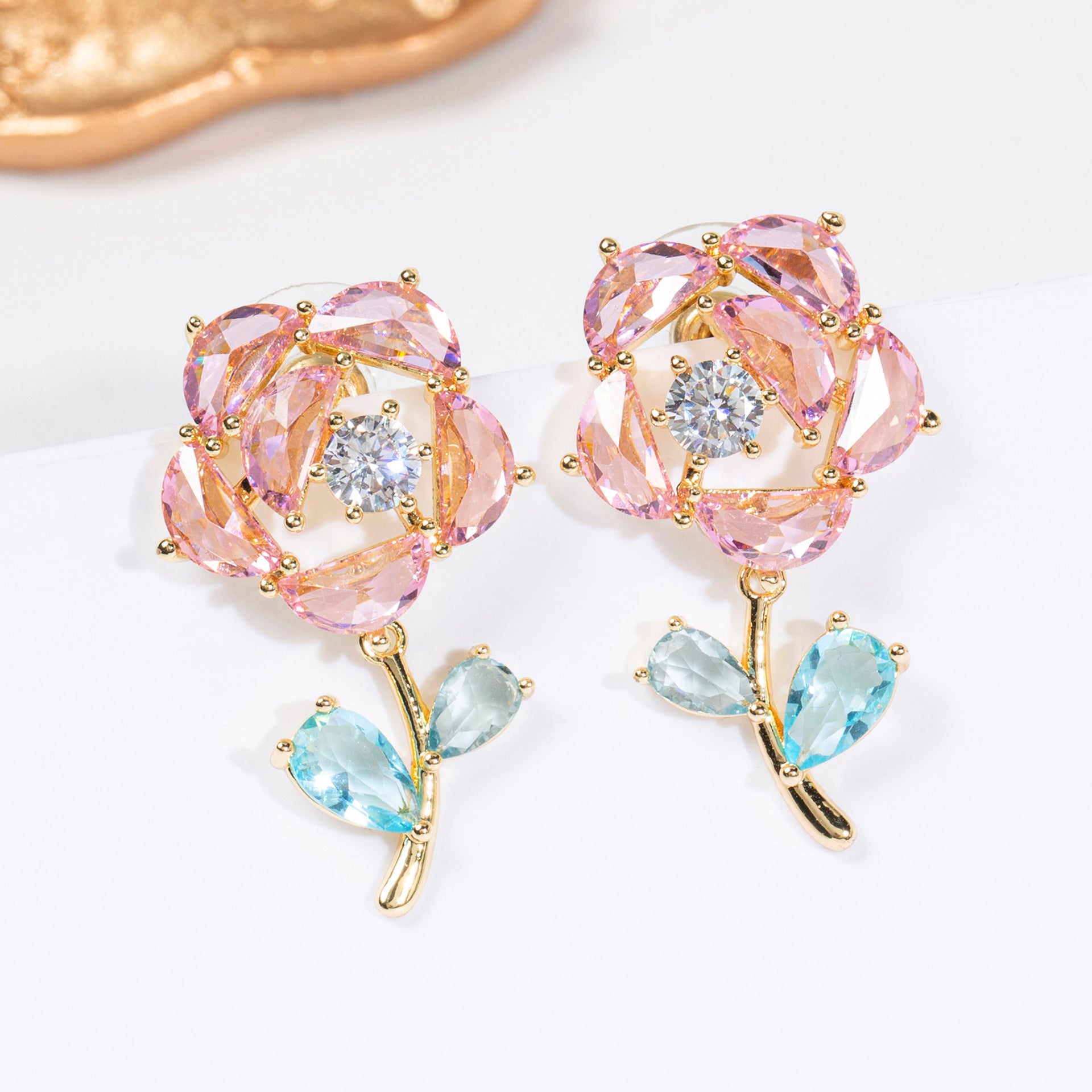 Luxury Pink Crystal Rose Earrings – Elegant Floral Jewelry for Women
